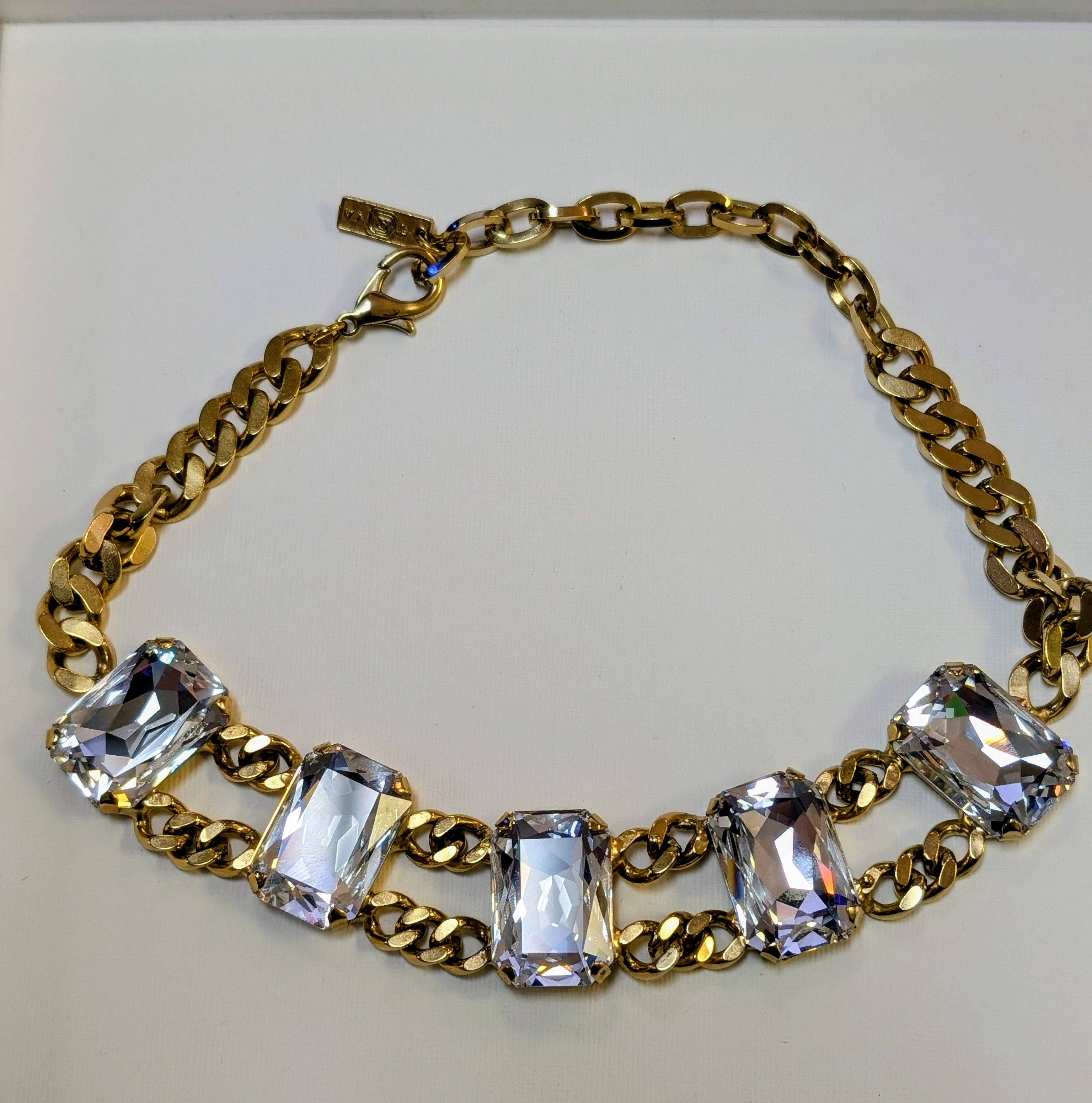 TOVA Sabine Necklace in Clear - oversized emerald cut clear crystals on chunky antique gold curb chain