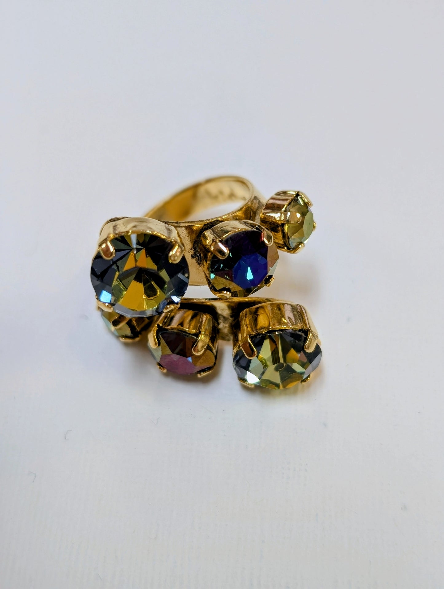 TOVA Kora Ring - iridescent multi-color crystal cluster ring in gold tone prong settings