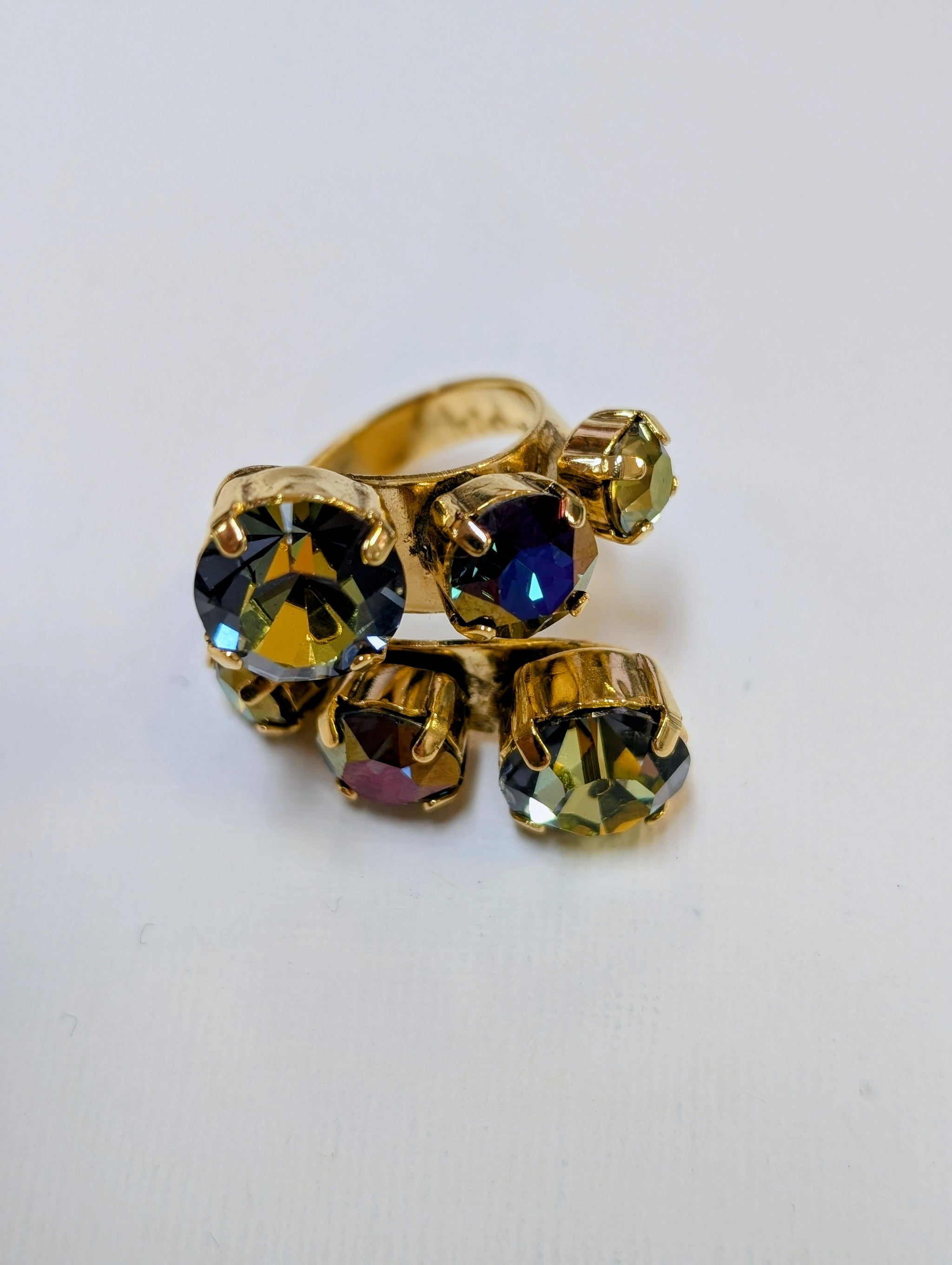 TOVA Kora Ring - iridescent multi-color crystal cluster ring in gold tone prong settings