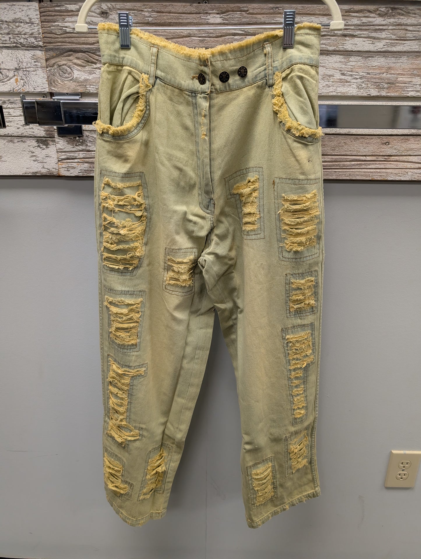 Pre Order VDN-300 sage khaki heavily distressed denim jeans with raw edge fringe patches and double button waist