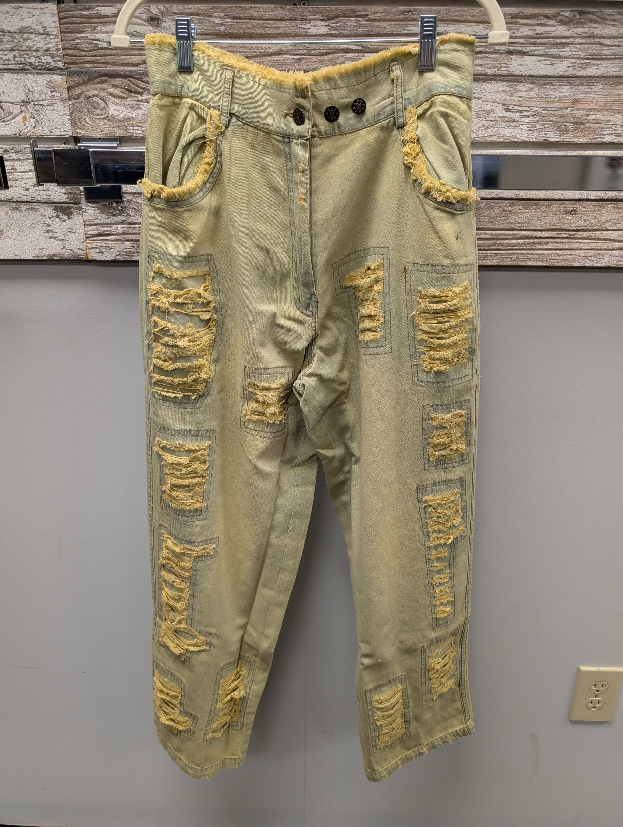 Pre Order VDN-300 sage khaki heavily distressed denim jeans with raw edge fringe patches and double button waist
