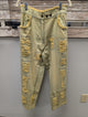 Pre Order VDN-300 sage khaki heavily distressed denim jeans with raw edge fringe patches and double button waist