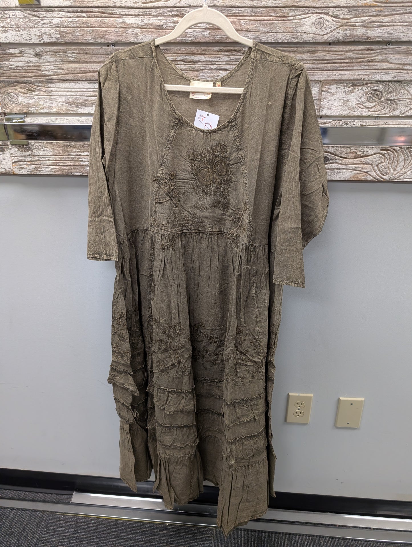 Pre Order Paper Lace PL-C321D olive taupe washed linen dress with tonal embroidery short sleeves and tiered ruffle hem
