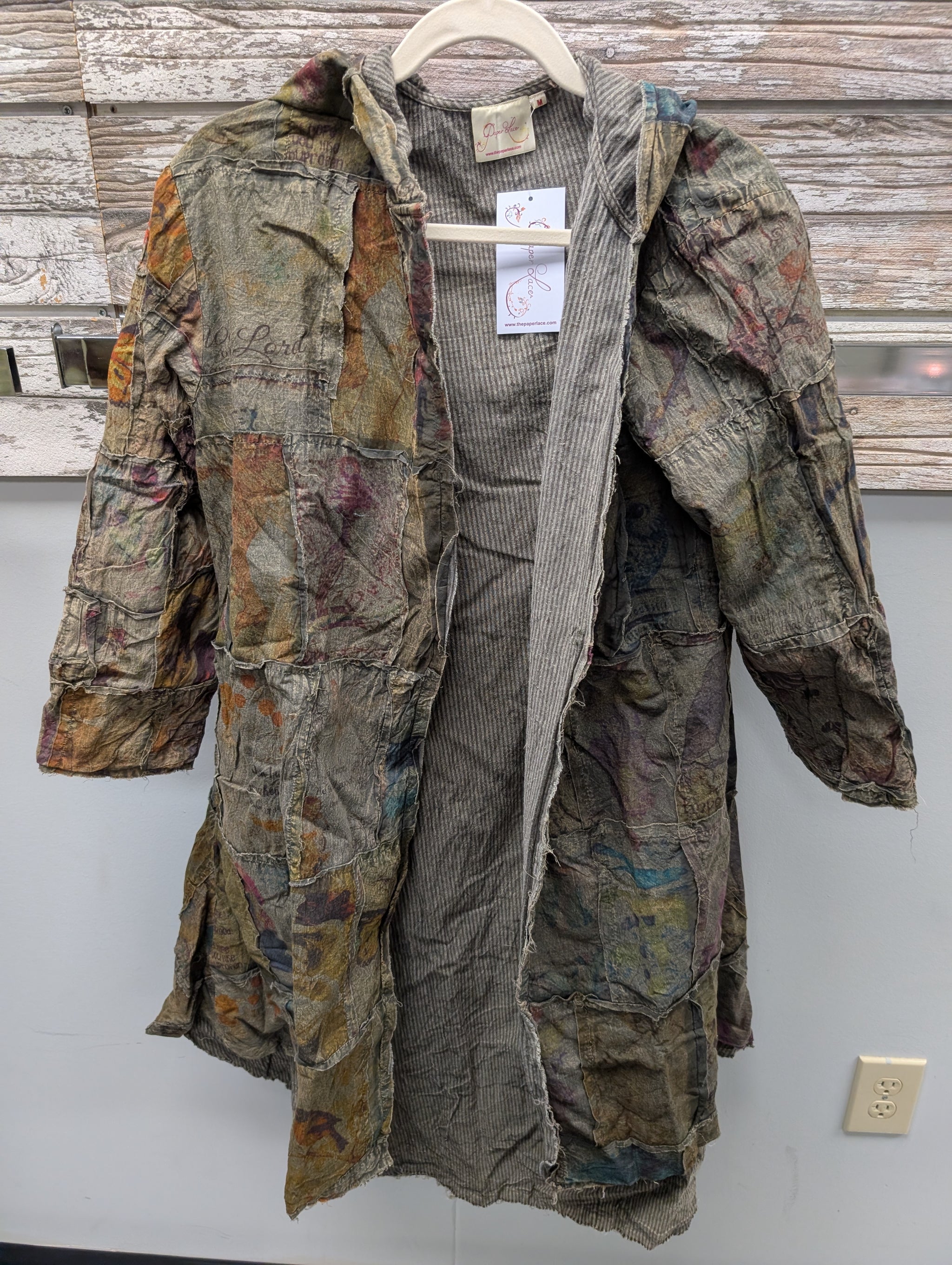 Paper Lace Pre Order PL-C345J earth tone patchwork hooded jacket with raw edge seams and ticking stripe lining front view