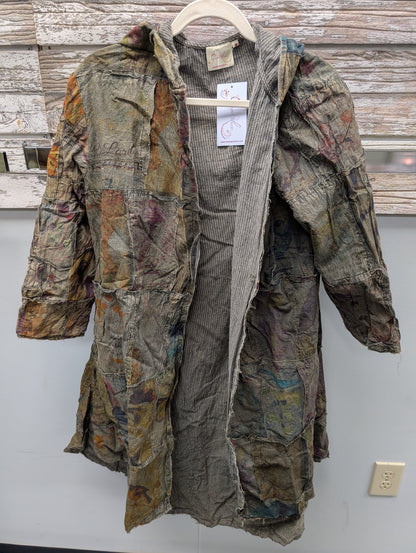 Paper Lace Pre Order PL-C345J earth tone patchwork hooded jacket with raw edge seams and ticking stripe lining front view
