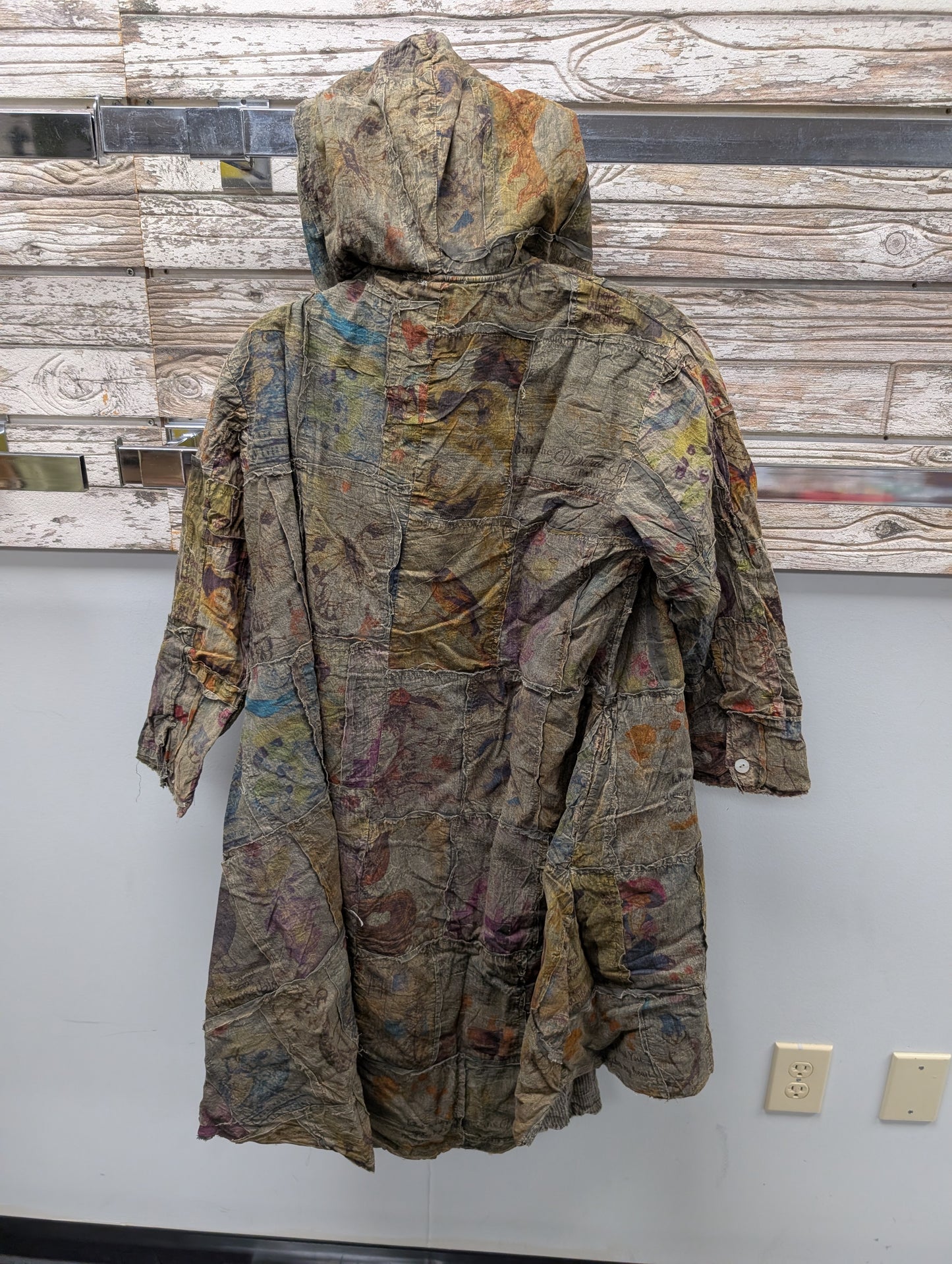 Paper Lace Pre Order PL-C345J earth tone patchwork hooded jacket back view showing full length and mixed fabric panels