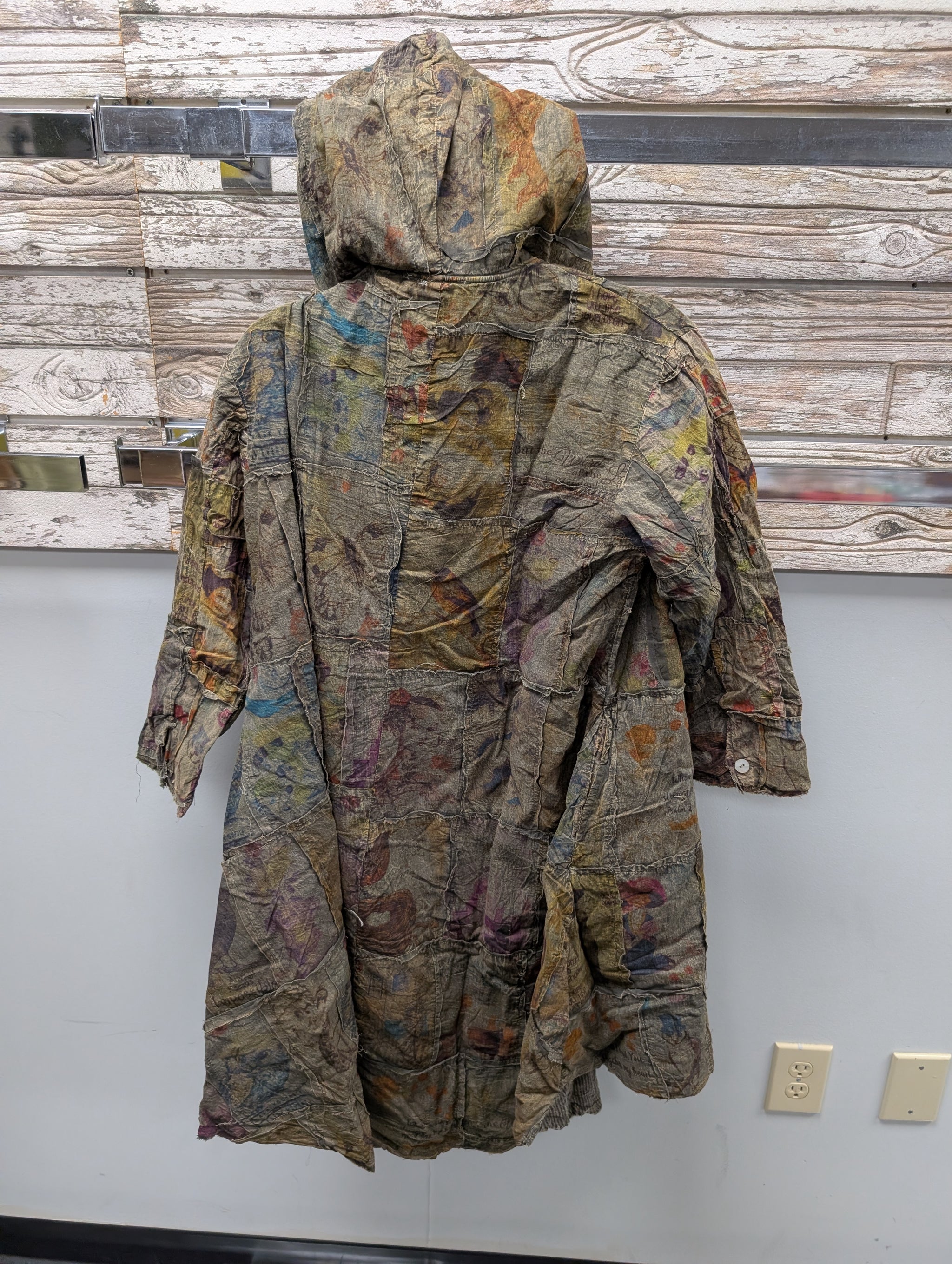 Paper Lace Pre Order PL-C345J earth tone patchwork hooded jacket back view showing full length and mixed fabric panels