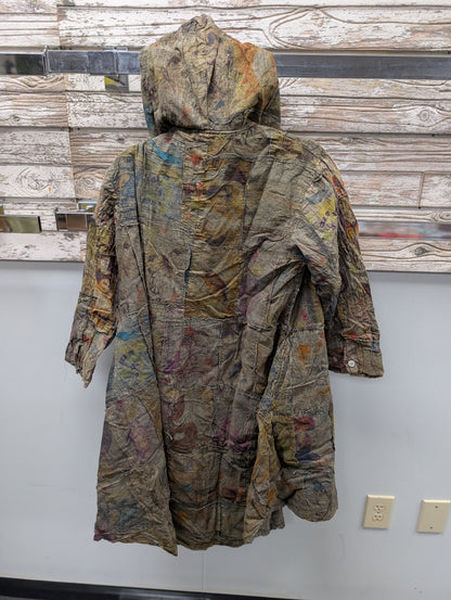 Paper Lace Pre Order PL-C345J earth tone patchwork hooded jacket back view showing full length and mixed fabric panels