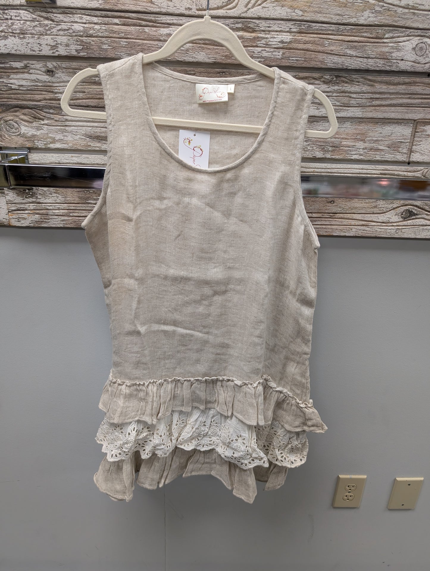 Pre Order Paper Lace 2052 short ruffle dress in natural linen with tiered eyelet lace ruffle hem