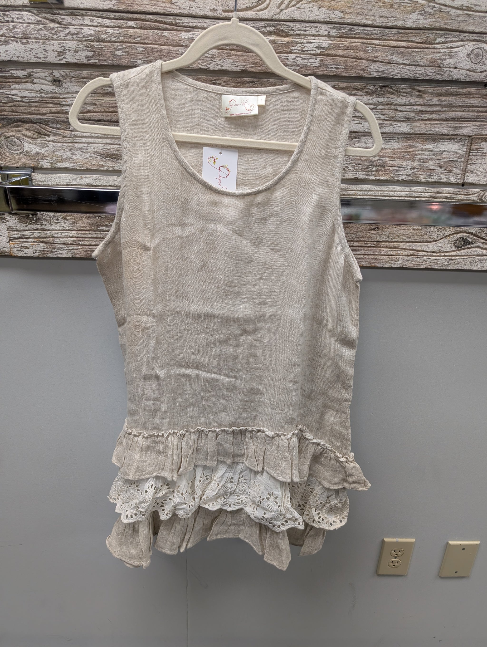 Pre Order Paper Lace 2052 short ruffle dress in natural linen with tiered eyelet lace ruffle hem