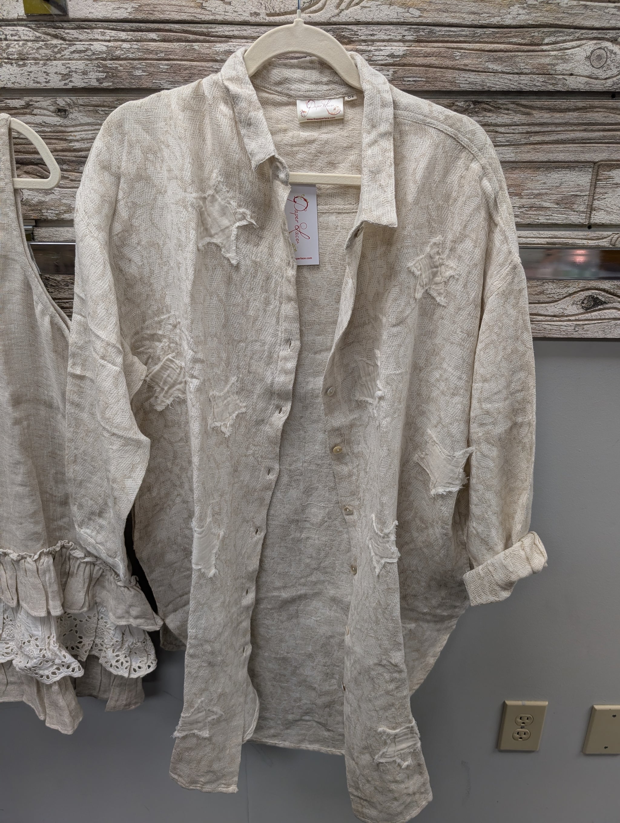Pre Order Paper Lace PLH-2416S cream distressed linen button-front shirt with raw edge detailing and rolled cuffs