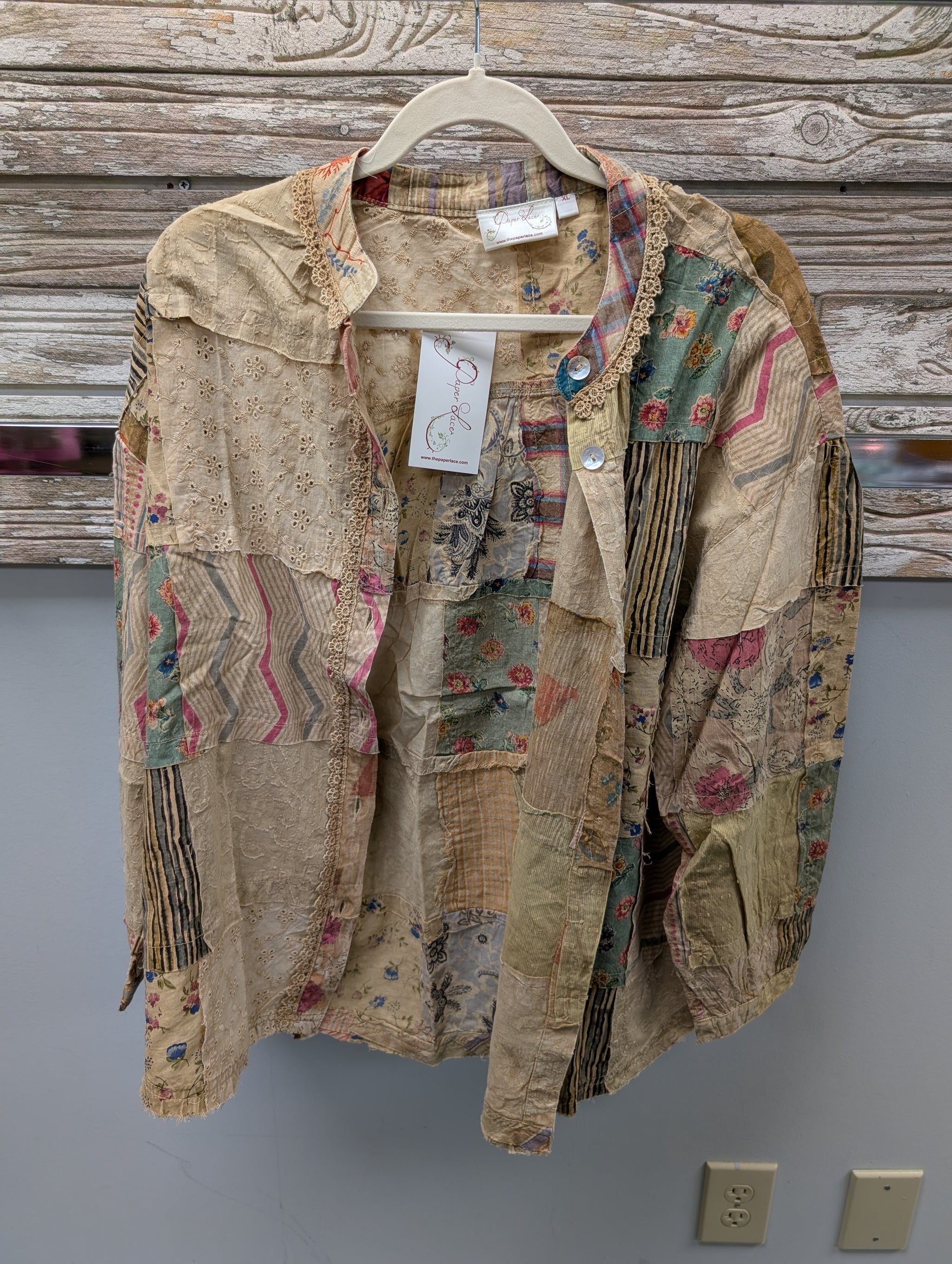 Pre Order Paper Lace PL-G517T sand patchwork jacket with mixed floral stripe eyelet and chevron fabric panels and lace trim