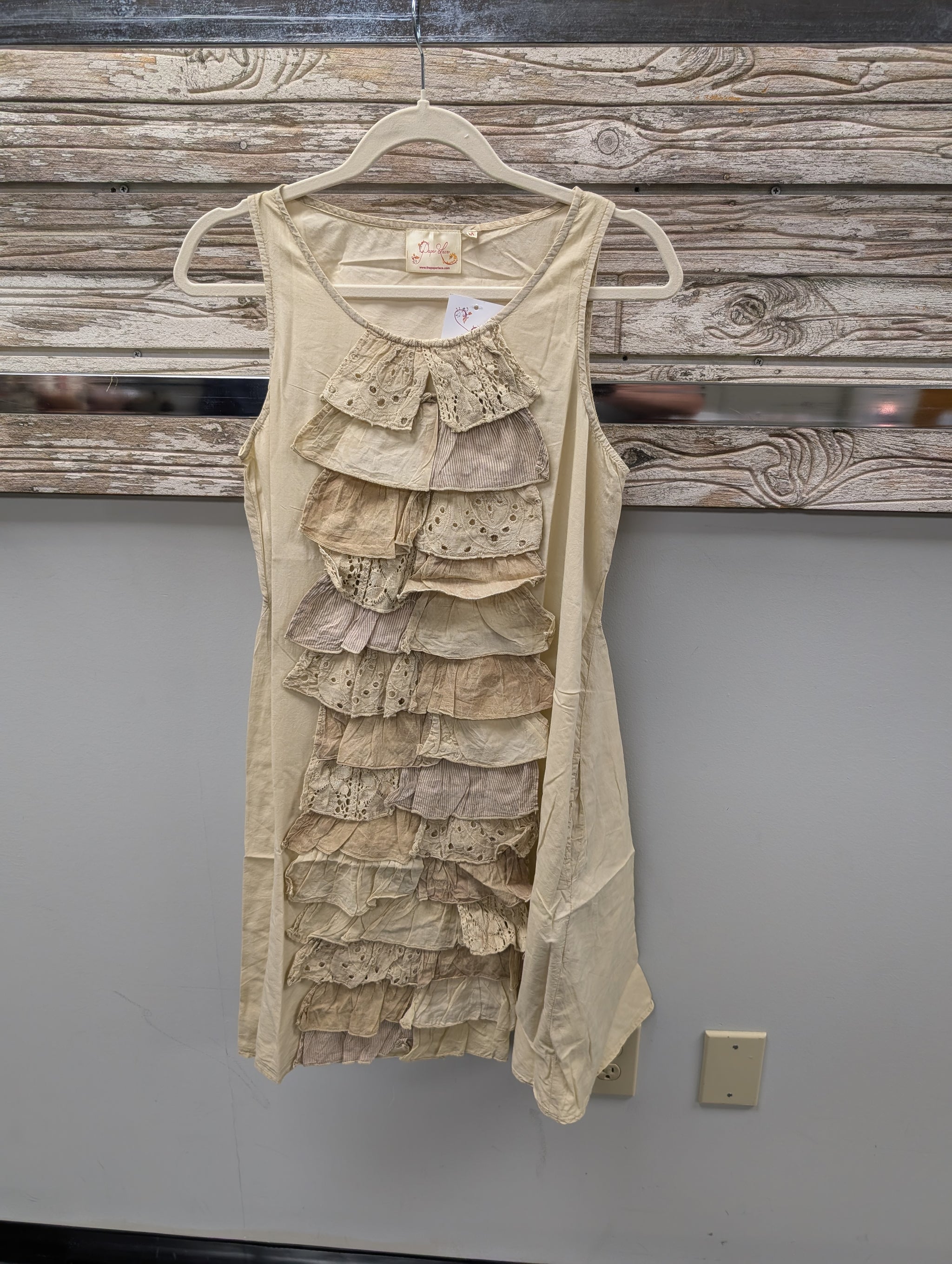 Pre Order Paper Lace PCS-894D cream mixed ruffle and lace tier sleeveless mini dress with asymmetric hem