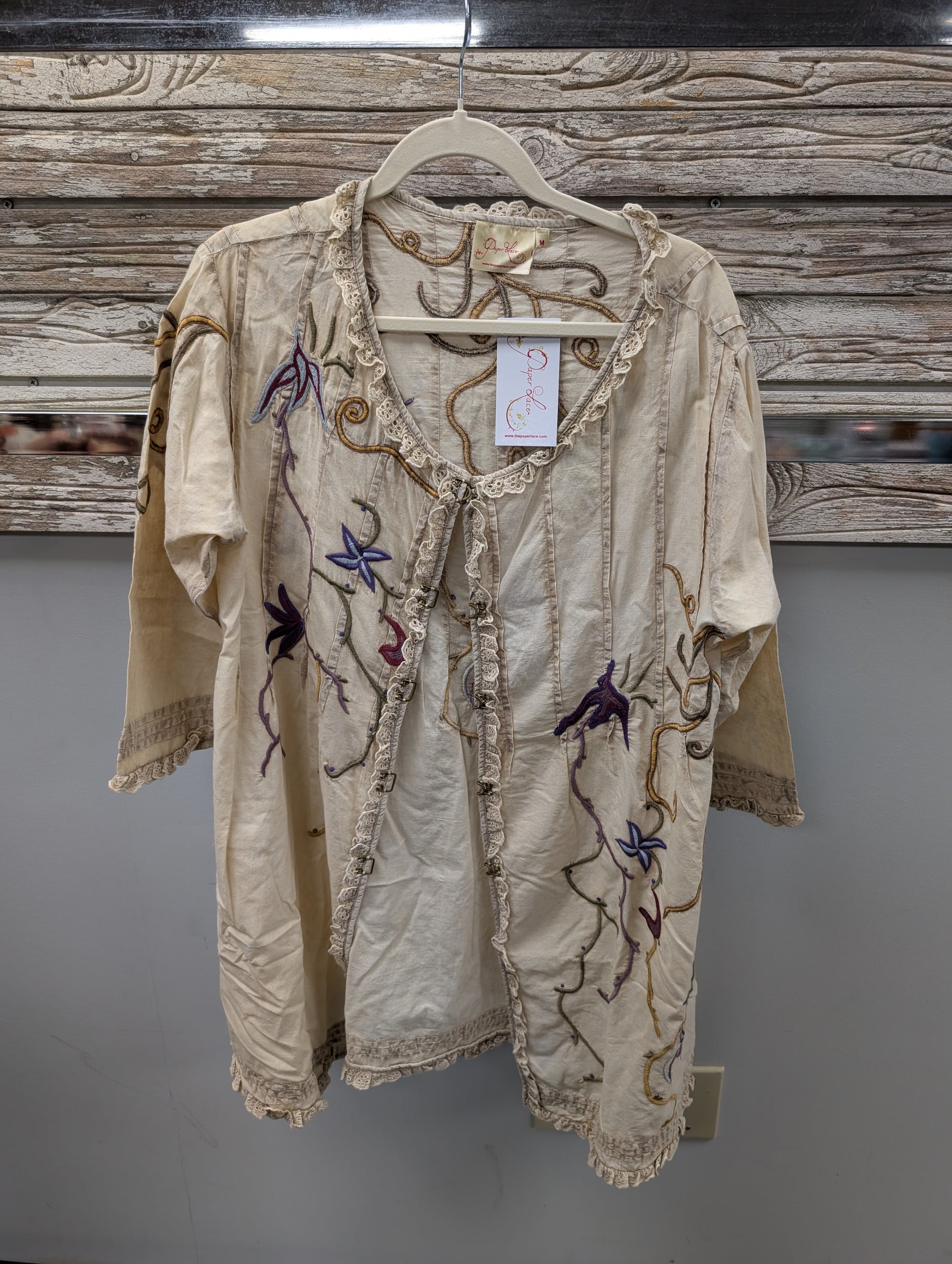 Pre Order Paper Lace PL-C318J cream linen jacket with vine embroidery birds and lace trim