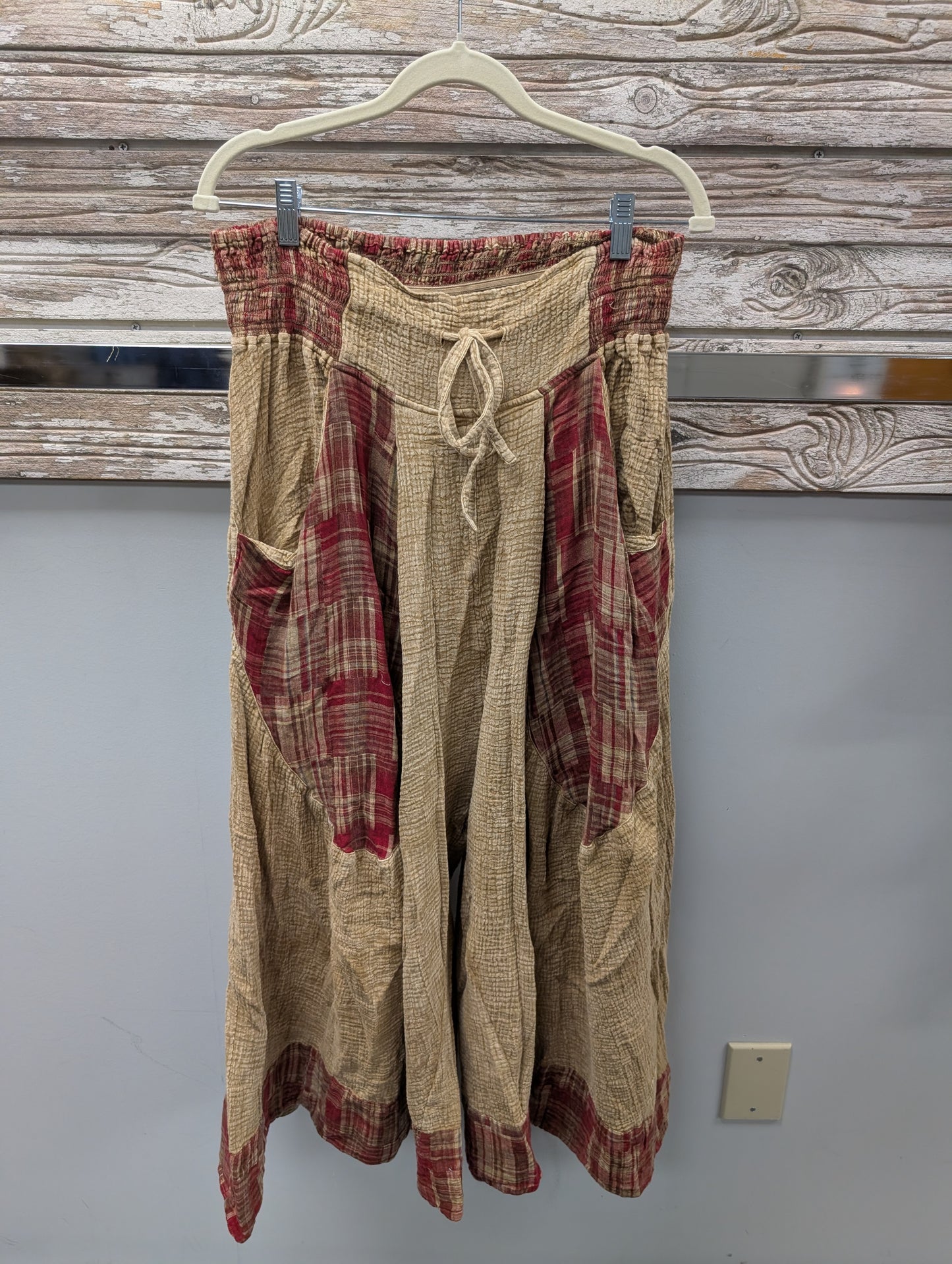 Pre Order Paper Lace PLH-425P sand and red plaid wide leg pants with smocked waist and patch pockets