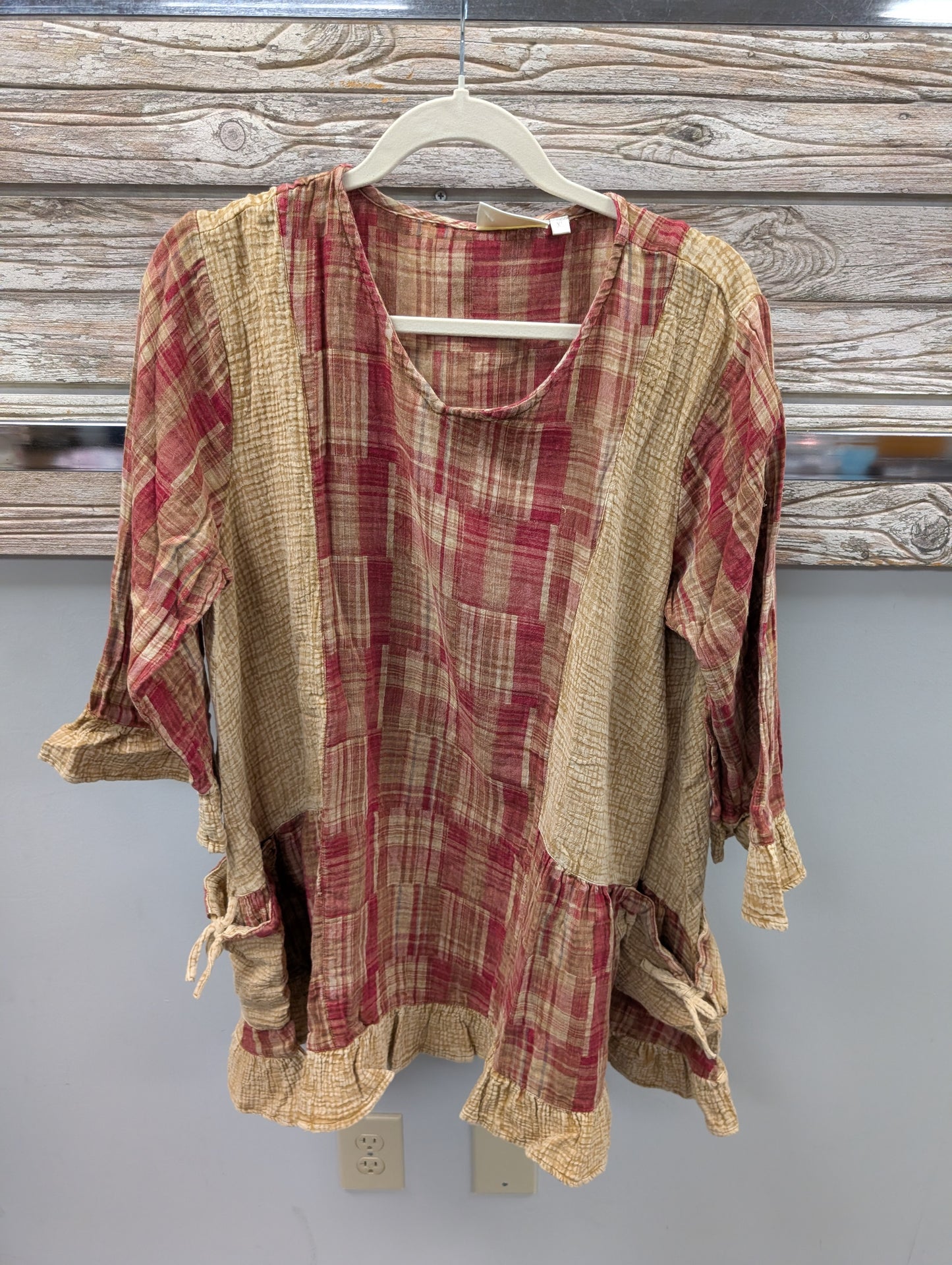 Pre Order Paper Lace PL-H407T red and gold plaid peplum top with ruffle hem and tie cuffs