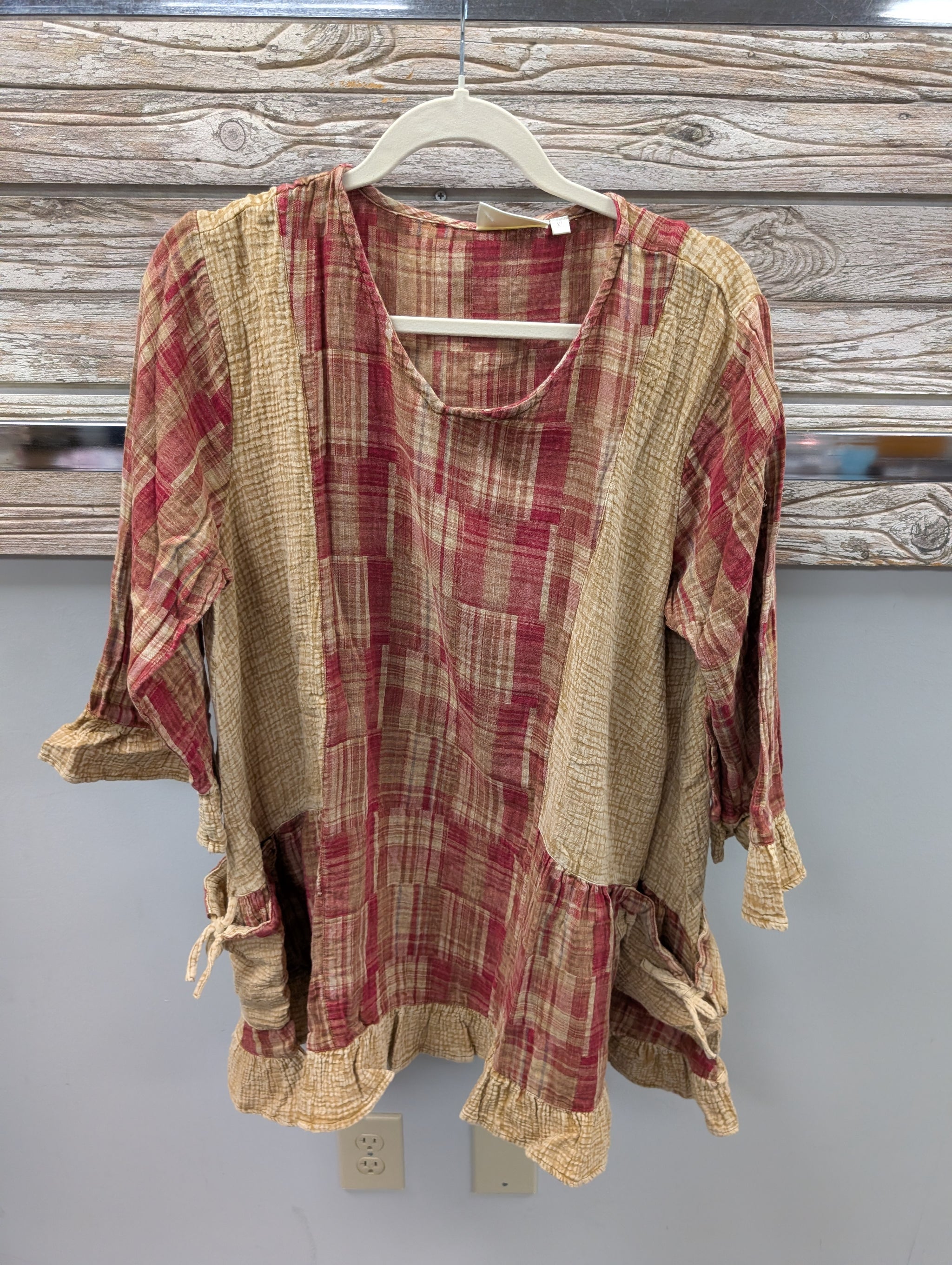 Pre Order Paper Lace PL-H407T red and gold plaid peplum top with ruffle hem and tie cuffs