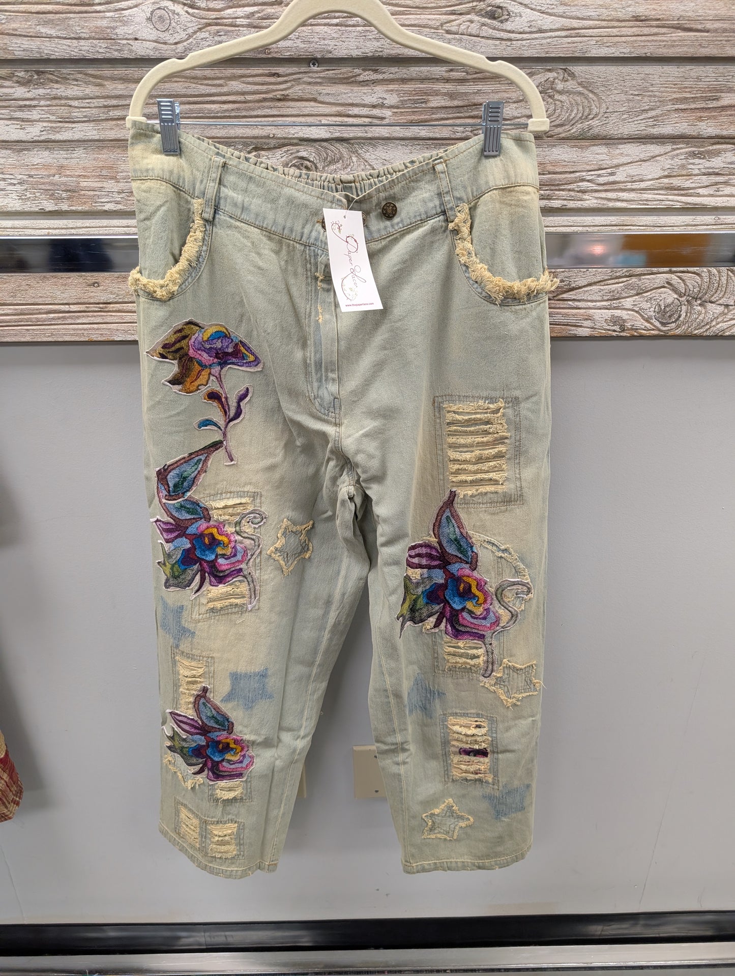 Pre Order Paper Lace PLV-77P light wash cropped jeans with colorful floral applique patches and star details