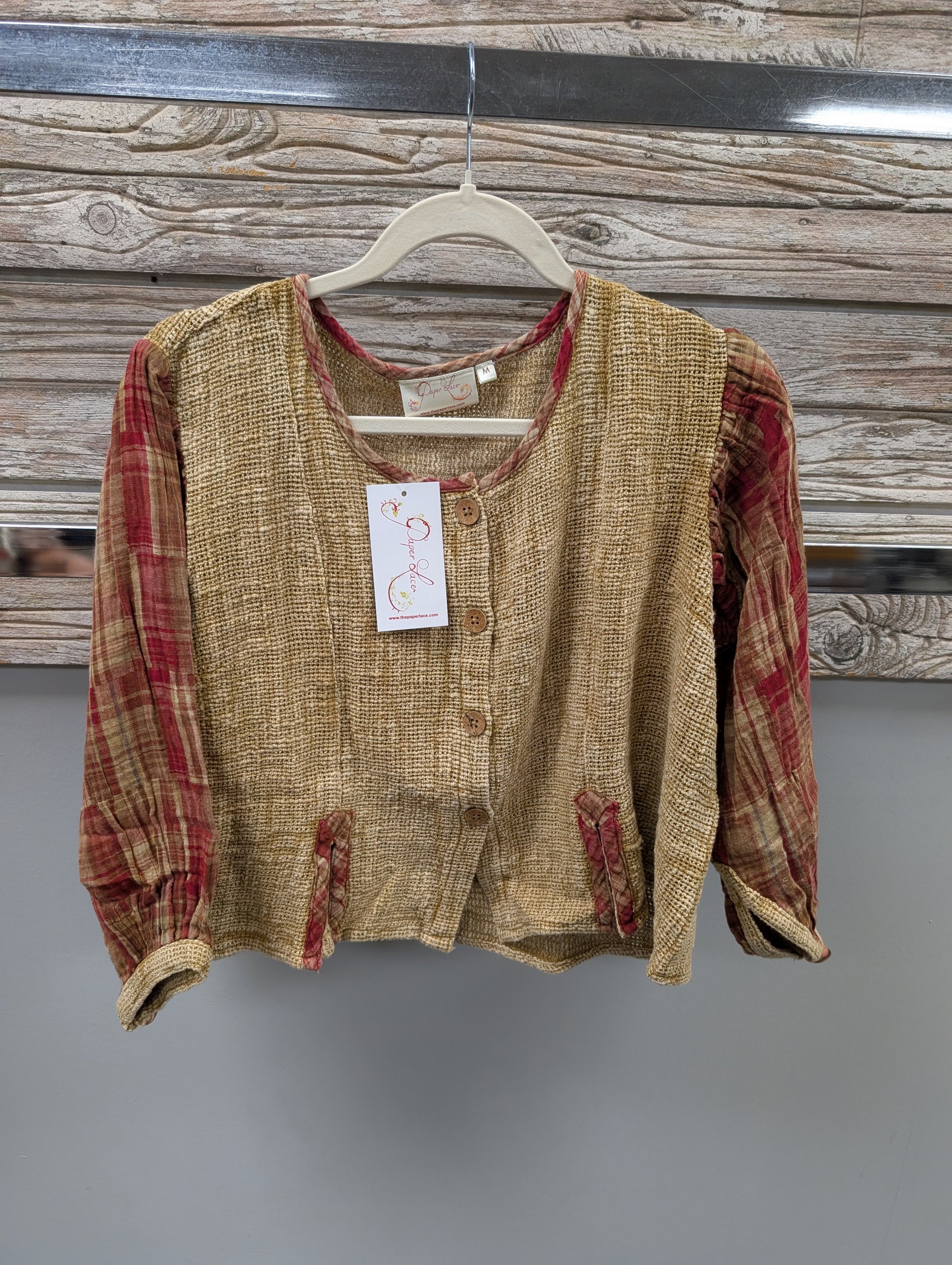 Pre Order Paper Lace PL-H410T gold tweed button front top with red plaid balloon sleeves