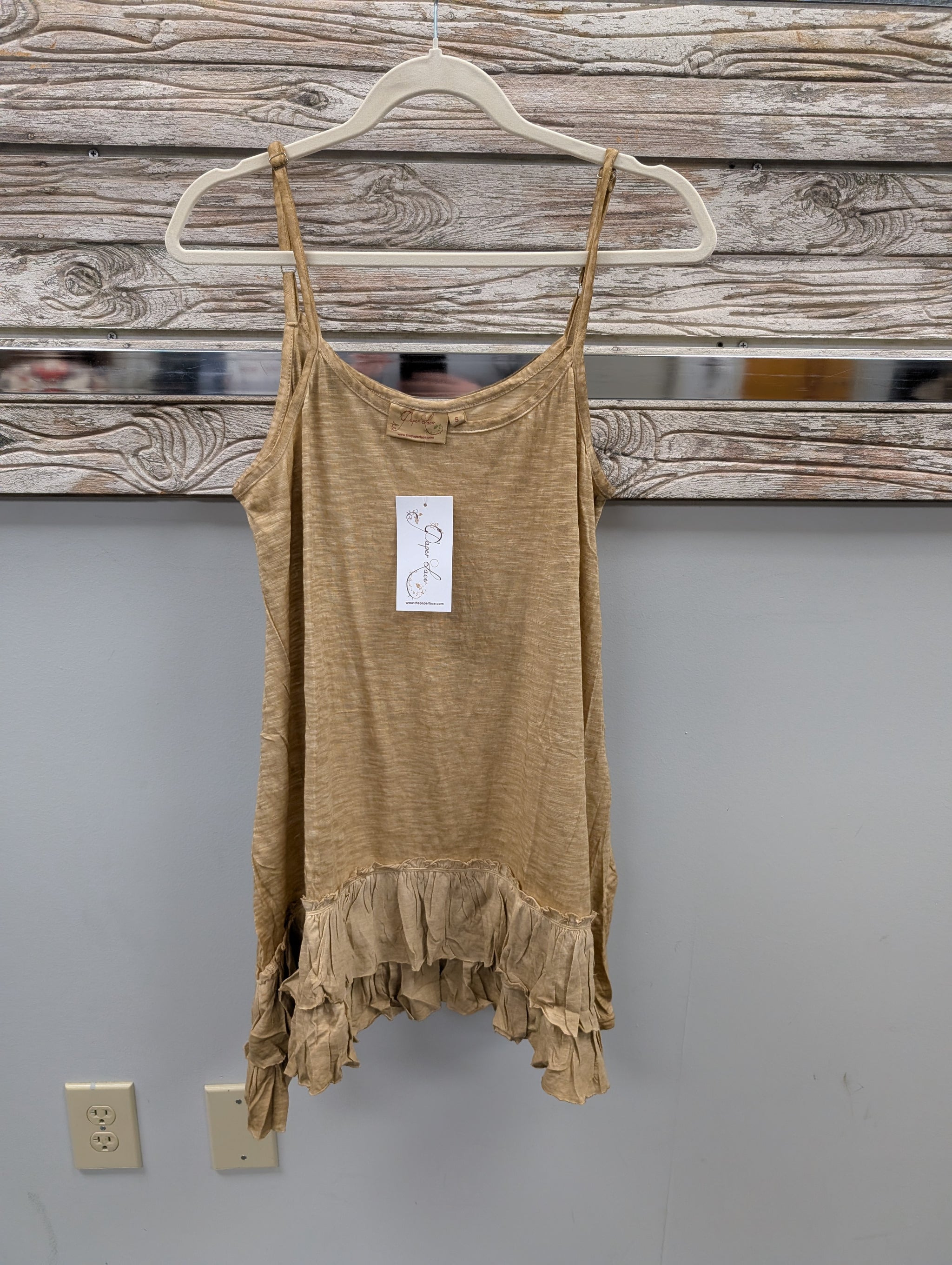 Pre Order Paper Lace PLP-882T gold tan ruffle hem cami slip top with adjustable straps