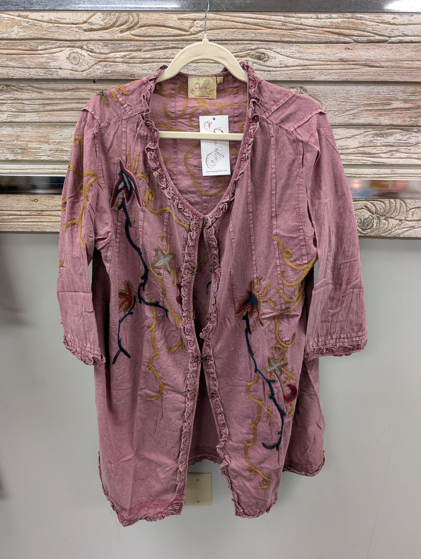 Pre Order Paper Lace PL-C318J dusty rose washed jacket with colorful botanical embroidery and ruffle trim