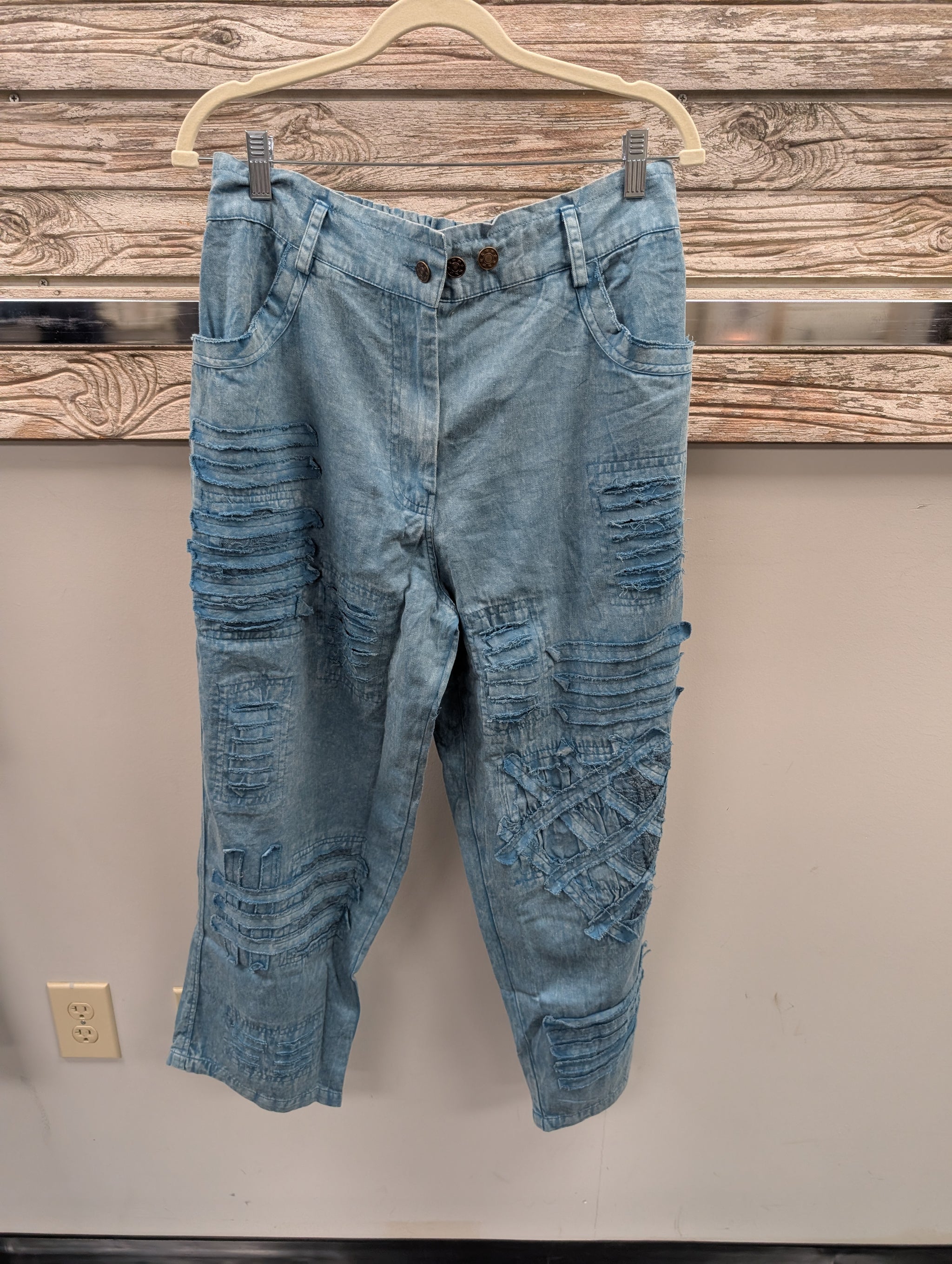 Pre Order Paper Lace PL-G204P light wash distressed moto patchwork cropped jeans