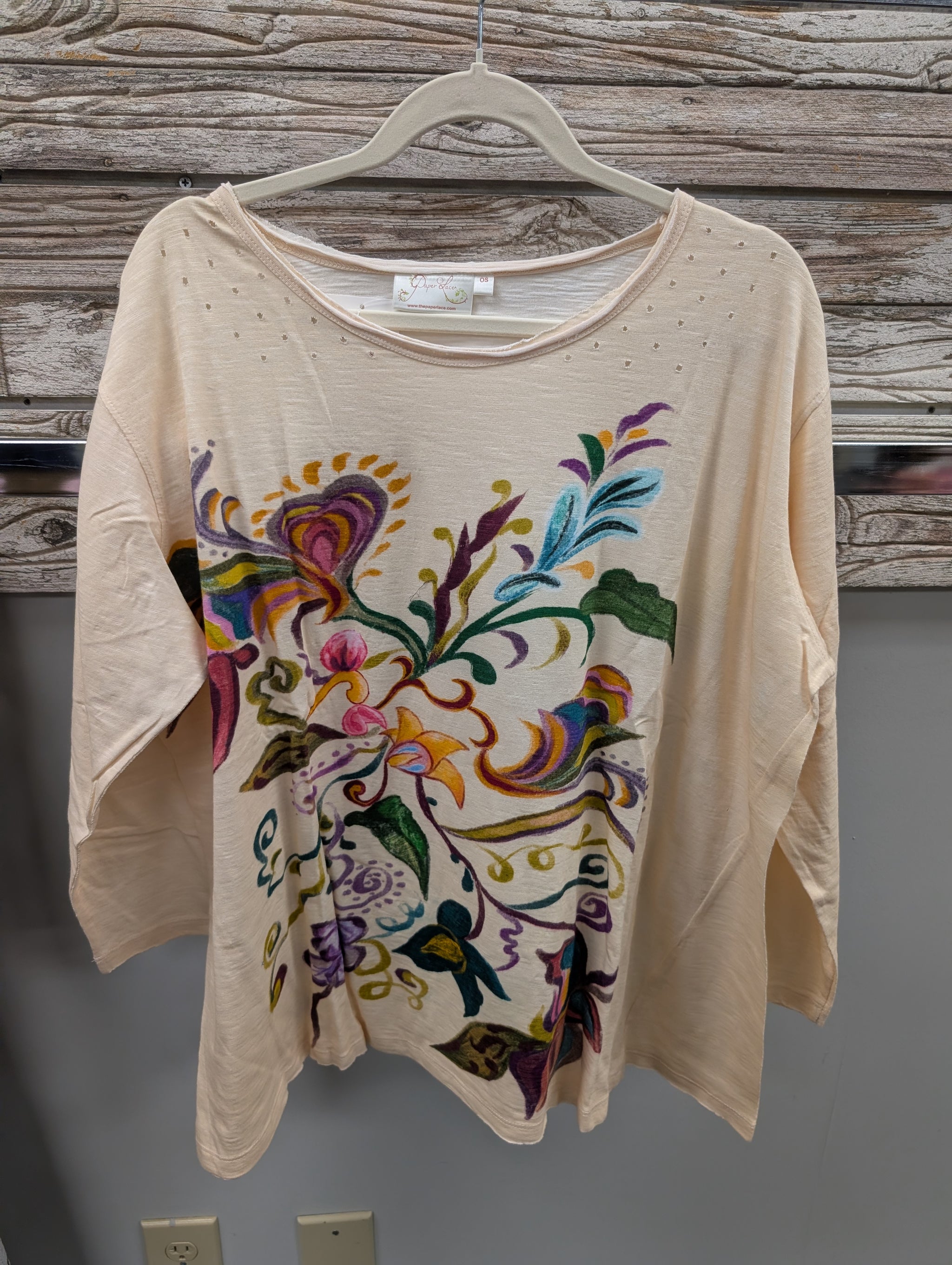 Pre Order Paper Lace PLV-549T cream hand-painted floral botanical top with rhinestone detail