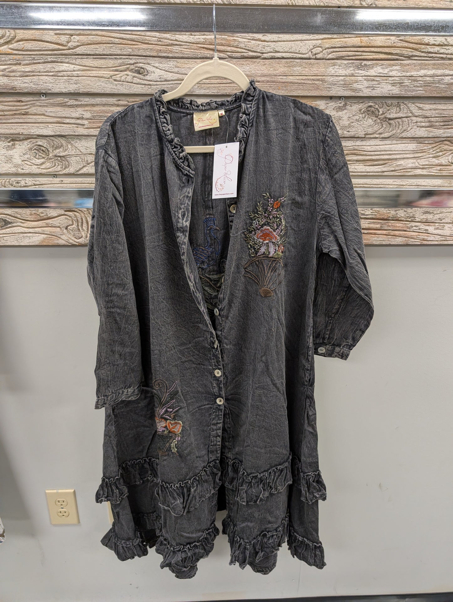 Pre Order Paper Lace PL-C322D charcoal washed embroidered duster dress front view