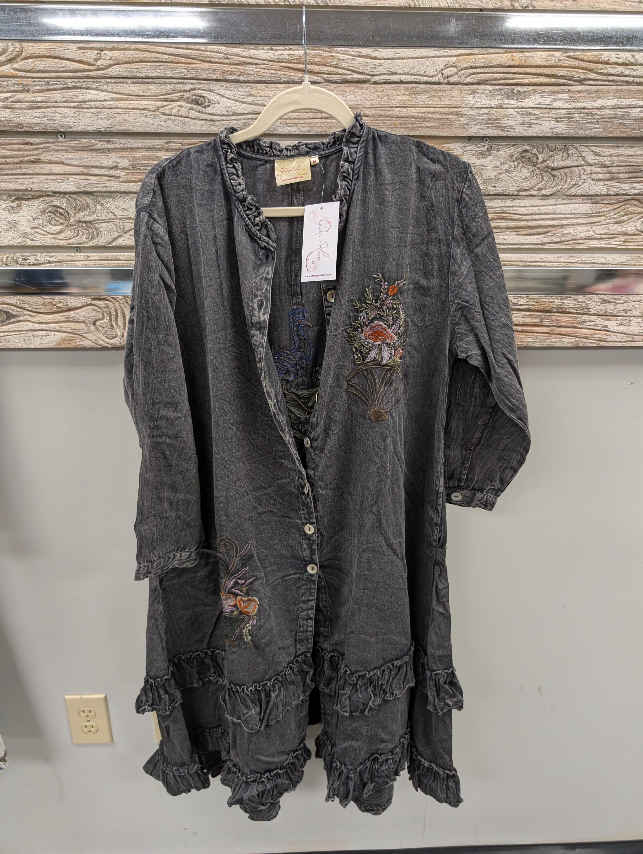 Pre Order Paper Lace PL-C322D charcoal washed embroidered duster dress front view