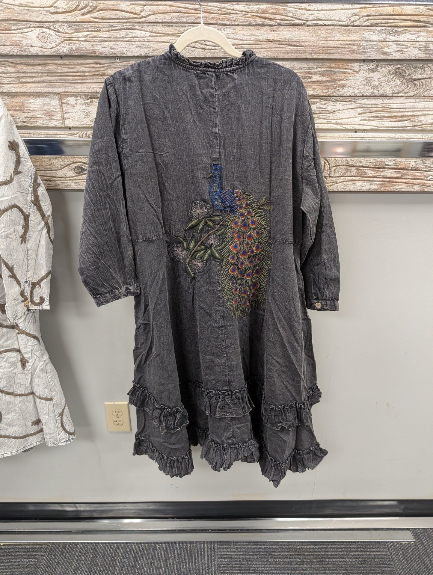 Pre Order Paper Lace PL-C322D charcoal washed duster dress back with peacock embroidery