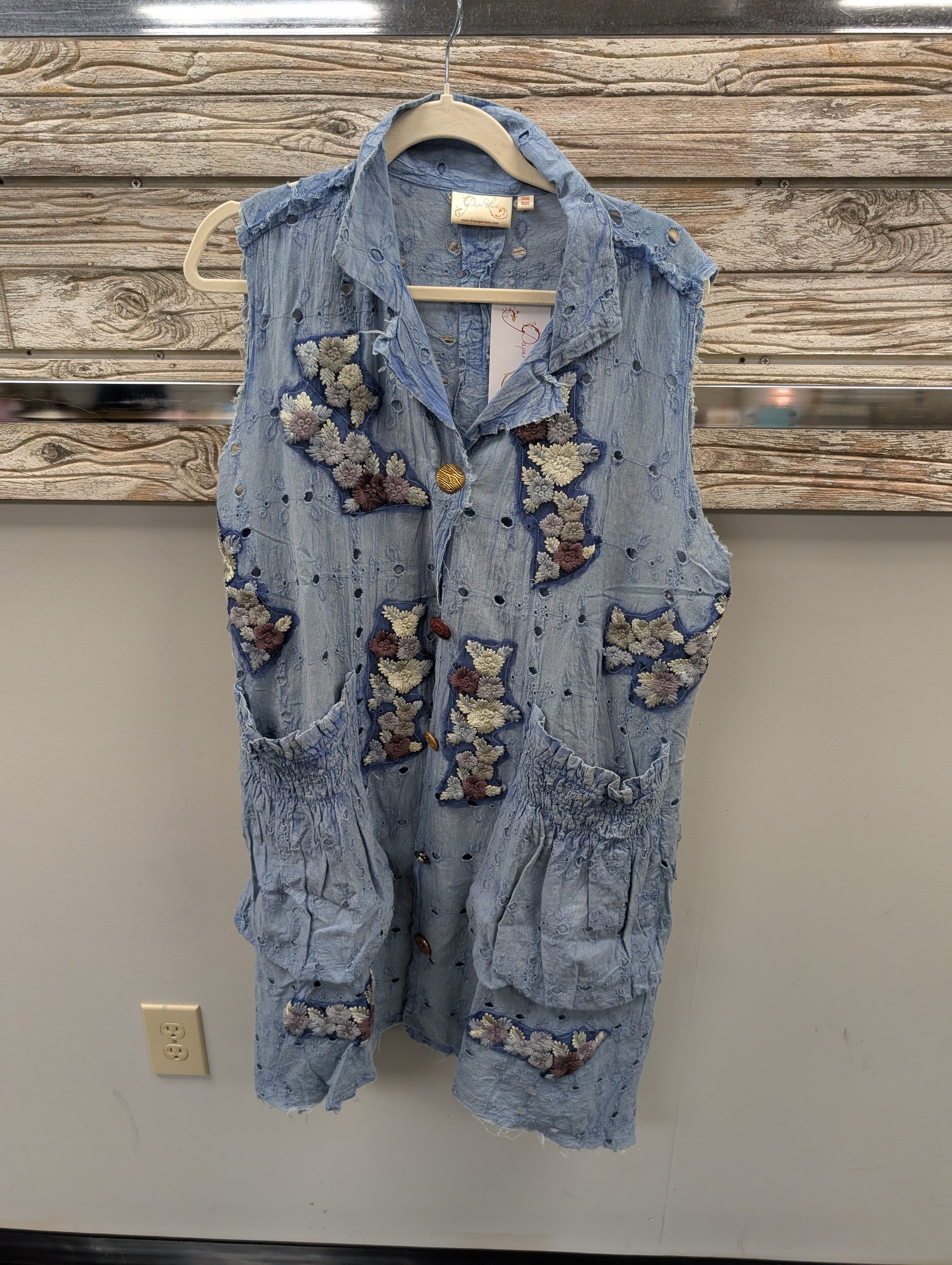 Pre Order Paper Lace R-001 blue eyelet vest with floral applique