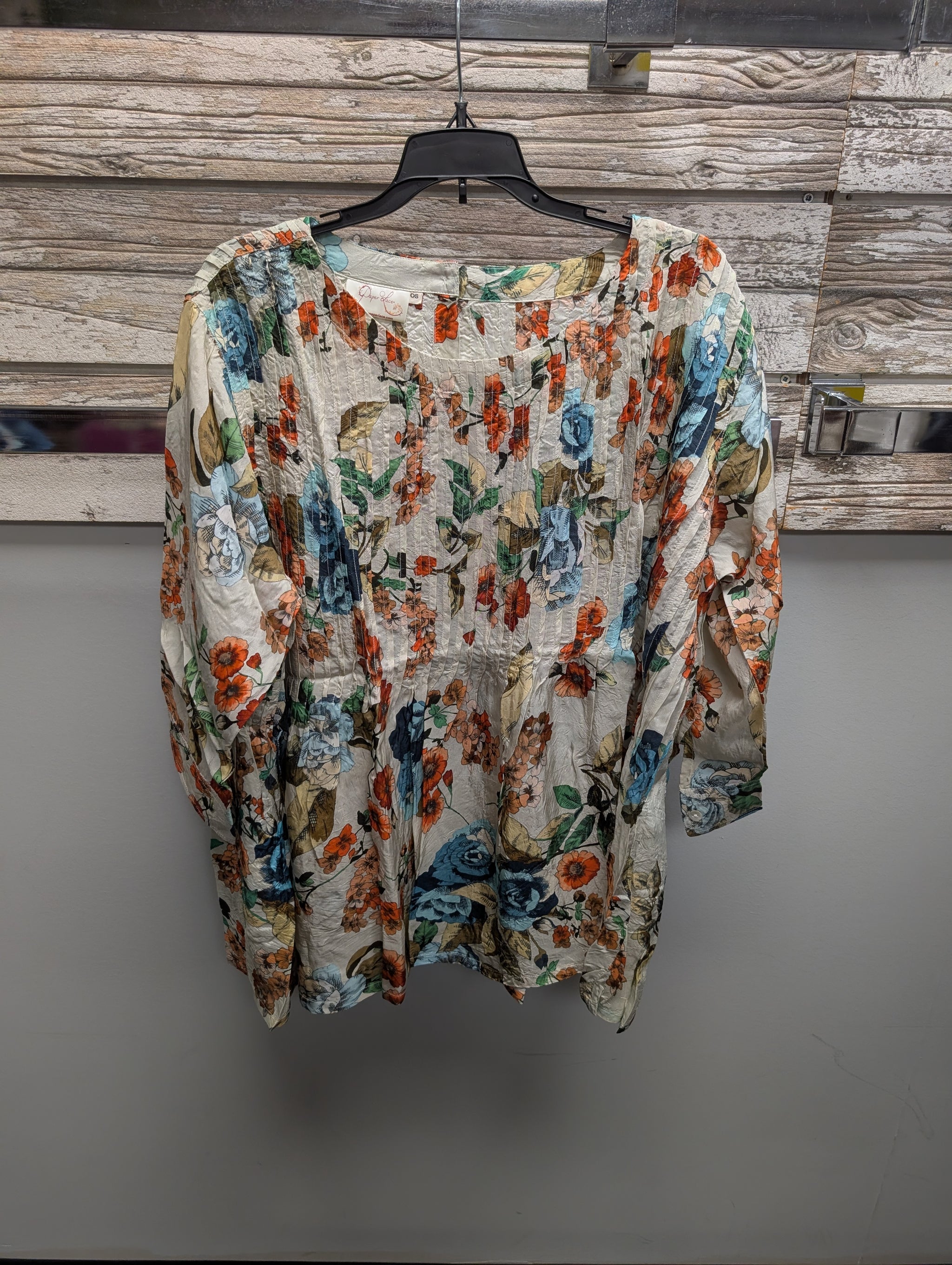 Pre Order Paper Lace 2273 cream watercolor floral top with rust blue and green blooms 3/4 sleeves and relaxed fit