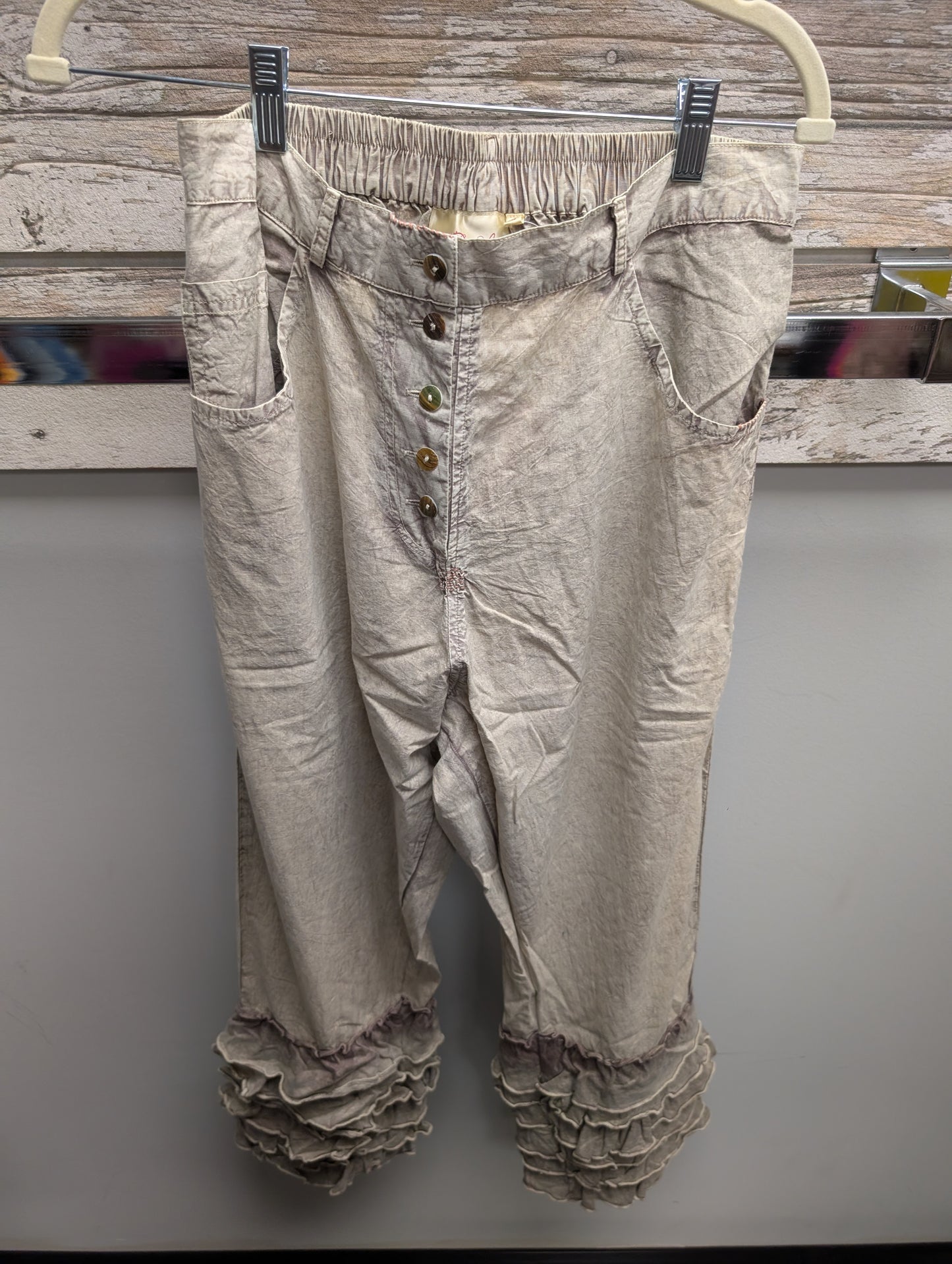 Pre Order Paper Lace PL-C43P silver taupe crinkle pants with elastic waist button front and tiered ruffle cuffs