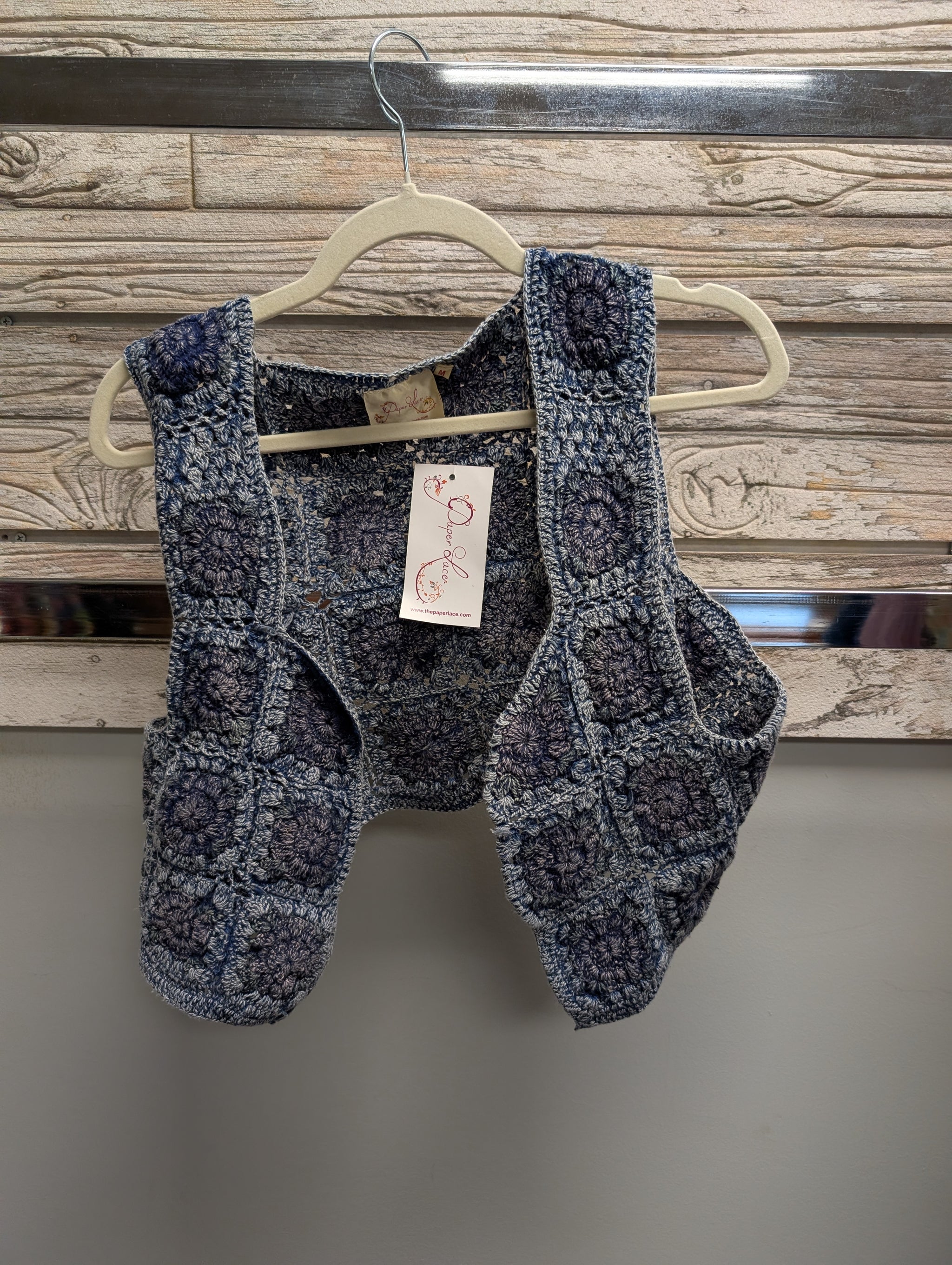 Pre Order Paper Lace Yoke navy blue granny square crochet vest with open front and deep side pockets