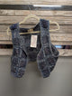 Pre Order Paper Lace Yoke navy blue granny square crochet vest with open front and deep side pockets