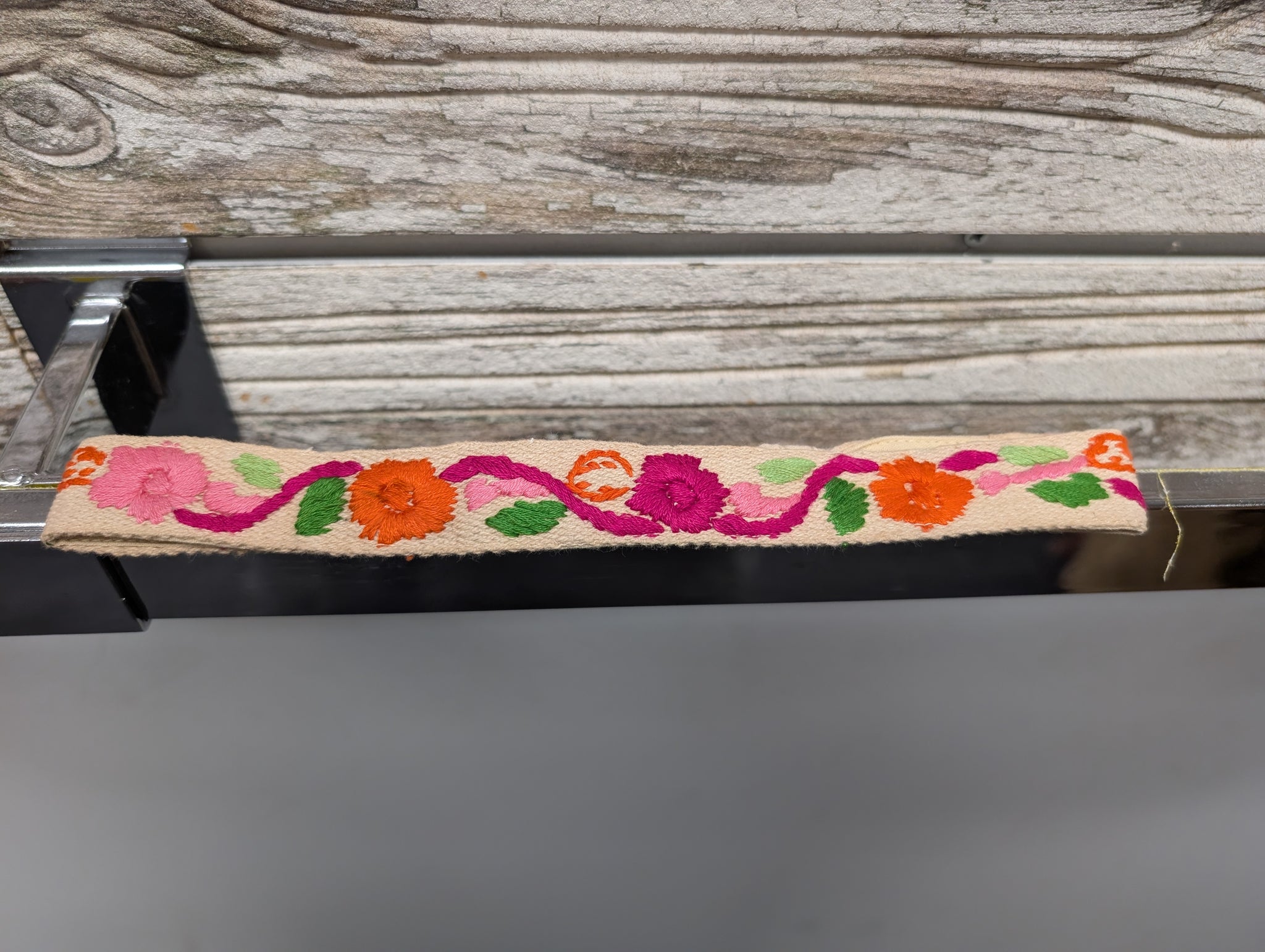 Paper Lace Embroidered Headband Color A - cream base with pink magenta orange and green floral embroidery