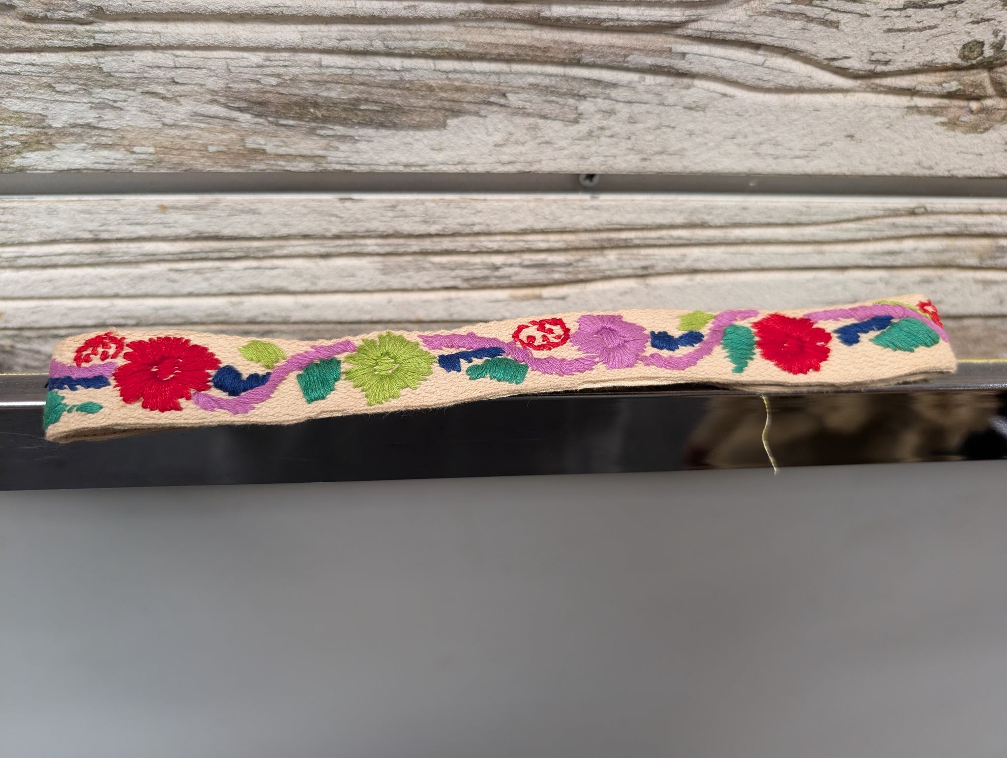 Paper Lace Embroidered Headband Color C - cream base with red purple green and teal floral embroidery