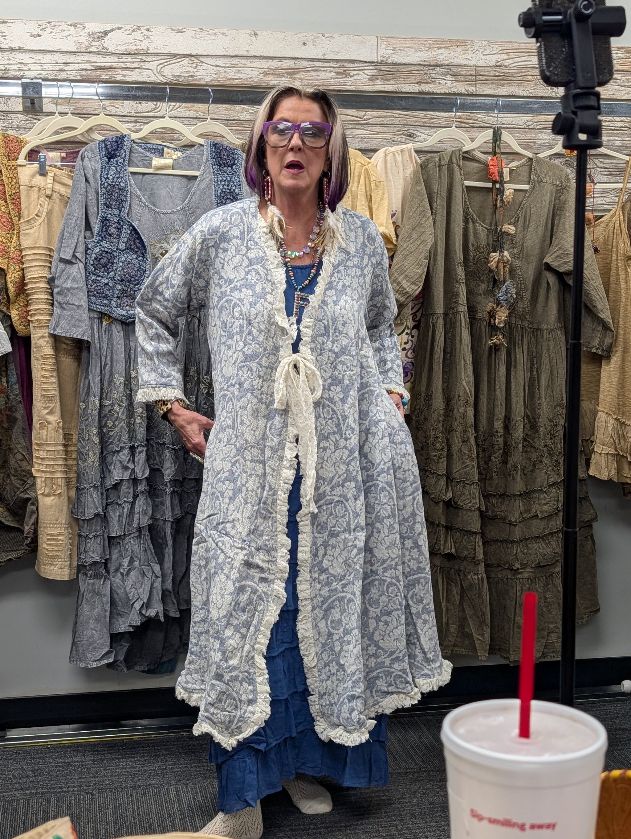 Pre Order Paper Lace Floral Blue Duster silver blue floral print with lace trim tie front and long maxi length one size