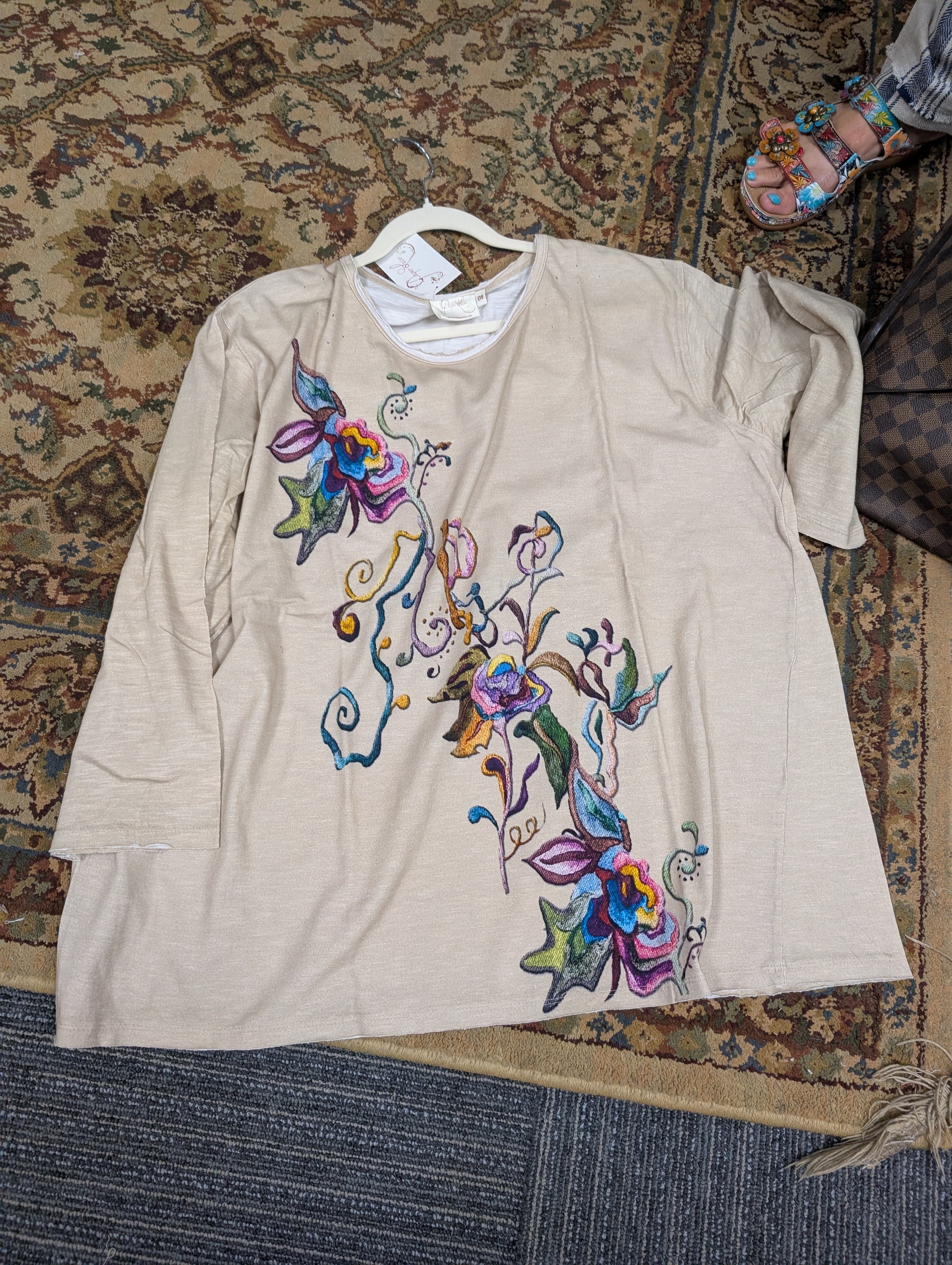 Pre Order Paper Lace PVS-704T cream long sleeve top with vibrant cascading floral embroidery in purple blue pink and gold one size