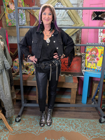 Kurtman black leather belt with tassels — front view