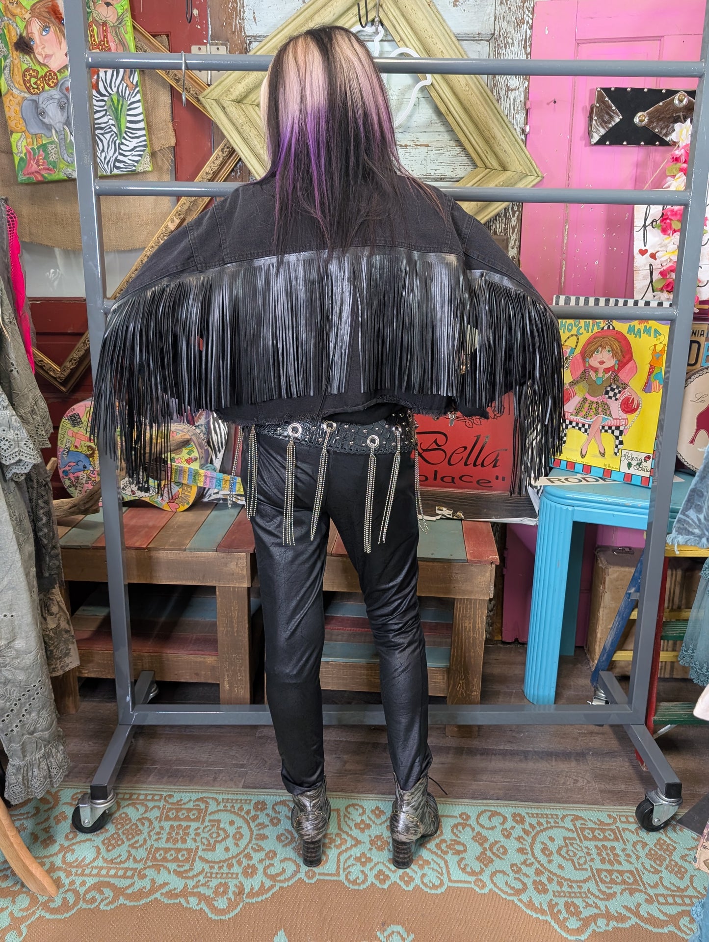 Kurtman black leather belt with tassels — back view showing full tassel detail
