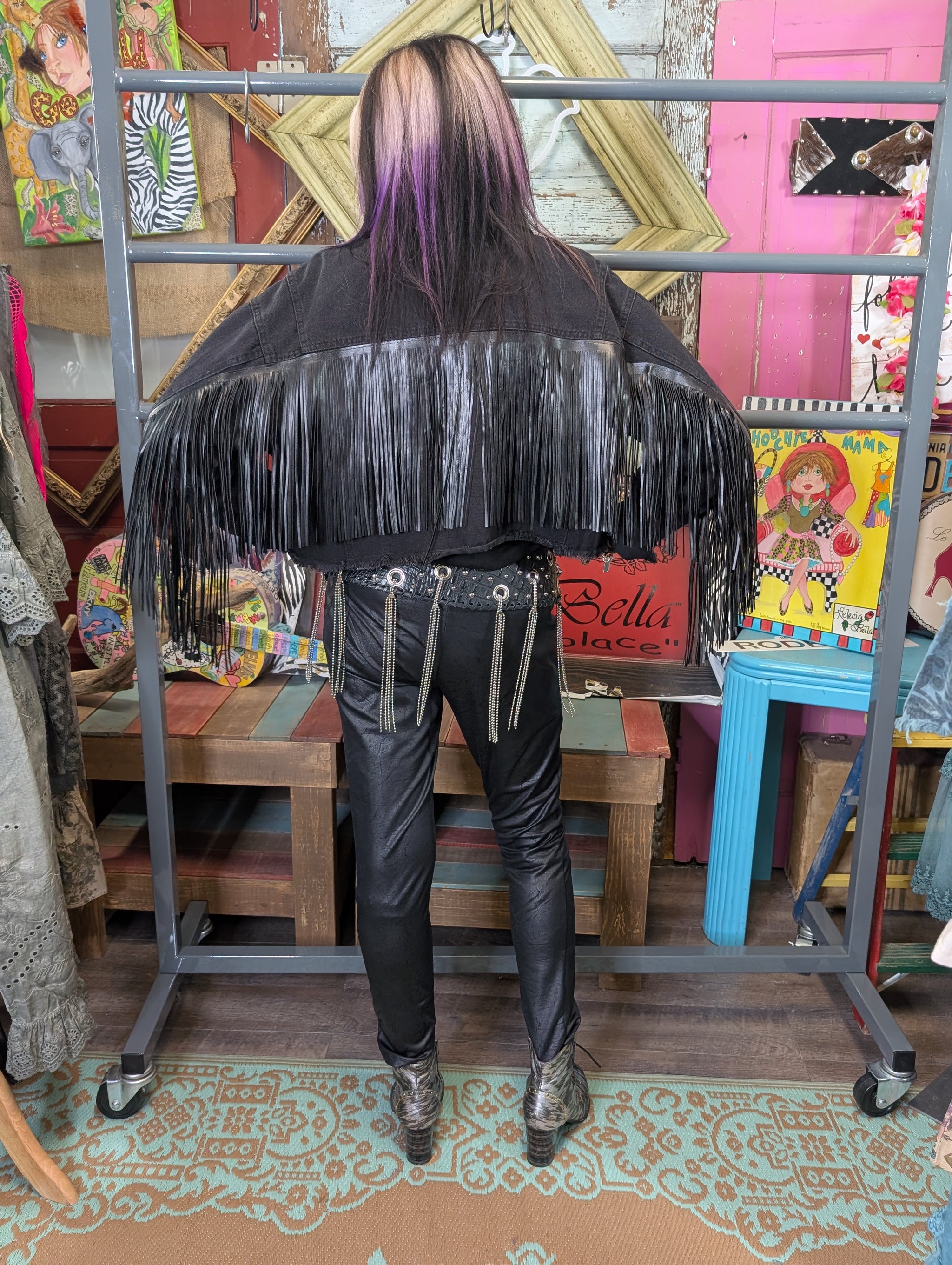 Kurtman black leather belt with tassels — back view showing full tassel detail