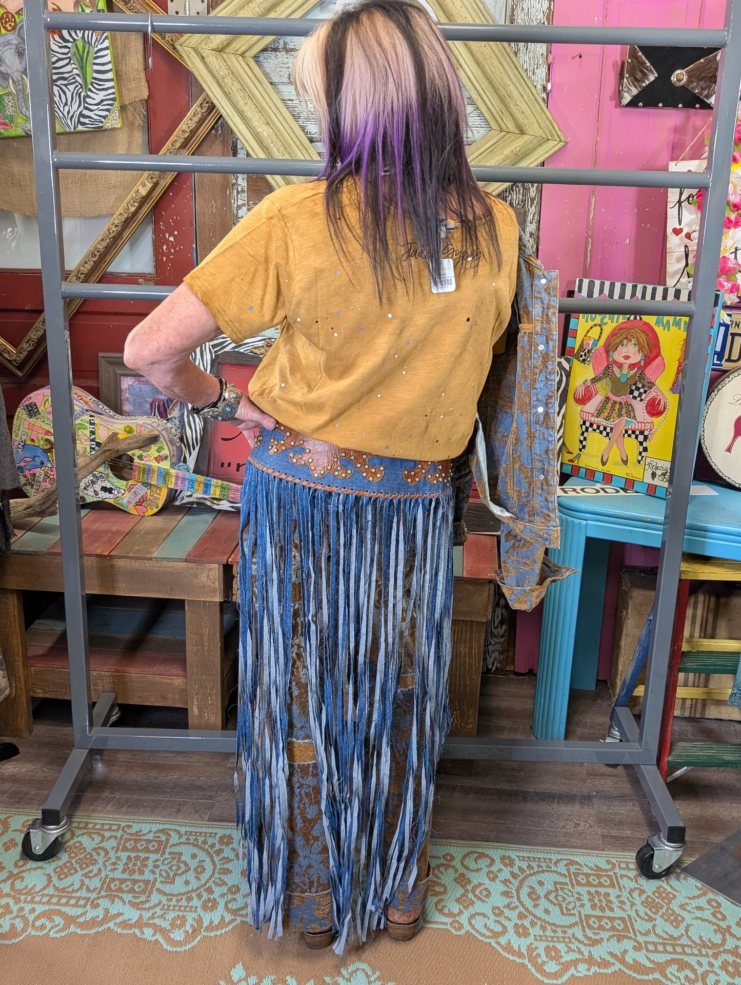 Kurtman Leather Denim Fringe — back view showing fringe detail