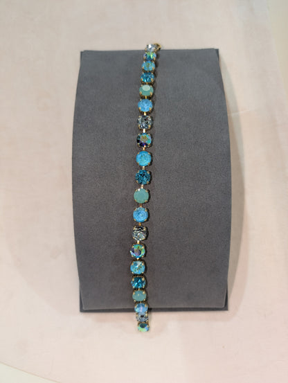 Wafa Lariat Aqua Multi Stone Bracelet - slim tennis bracelet with aqua, teal, sky blue opal and clear crystal stones in gold settings