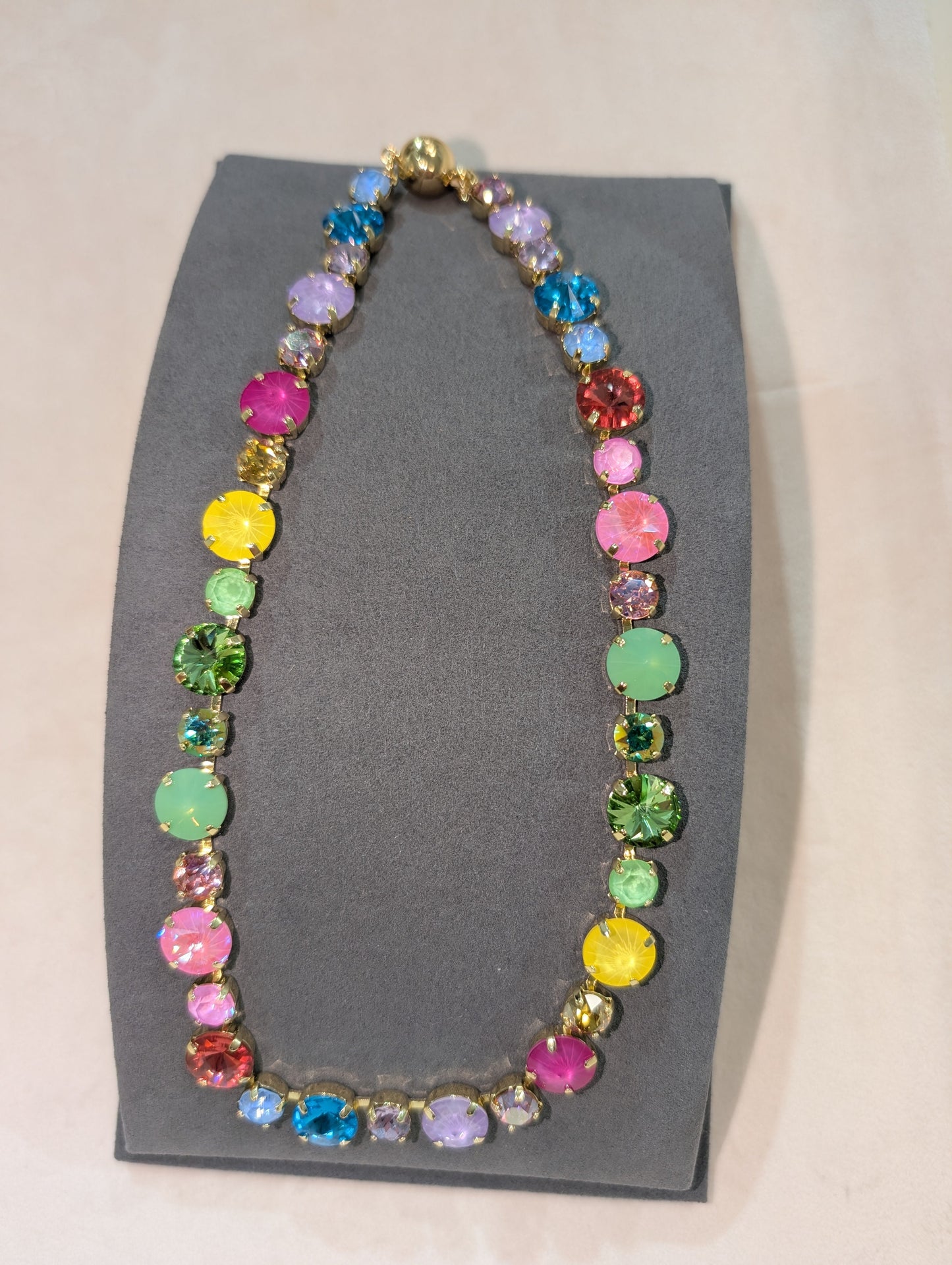 Wafa Multi Stone Necklace - full circle rainbow crystal necklace with multicolor stones in gold prong settings and gold magnetic clasp