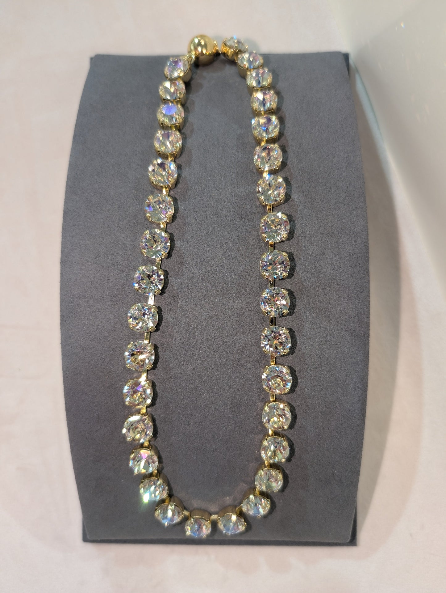 Wafa Crystal Necklace - full circle tennis necklace with large chunky round clear crystal stones in gold prong settings and gold magnetic ball clasp