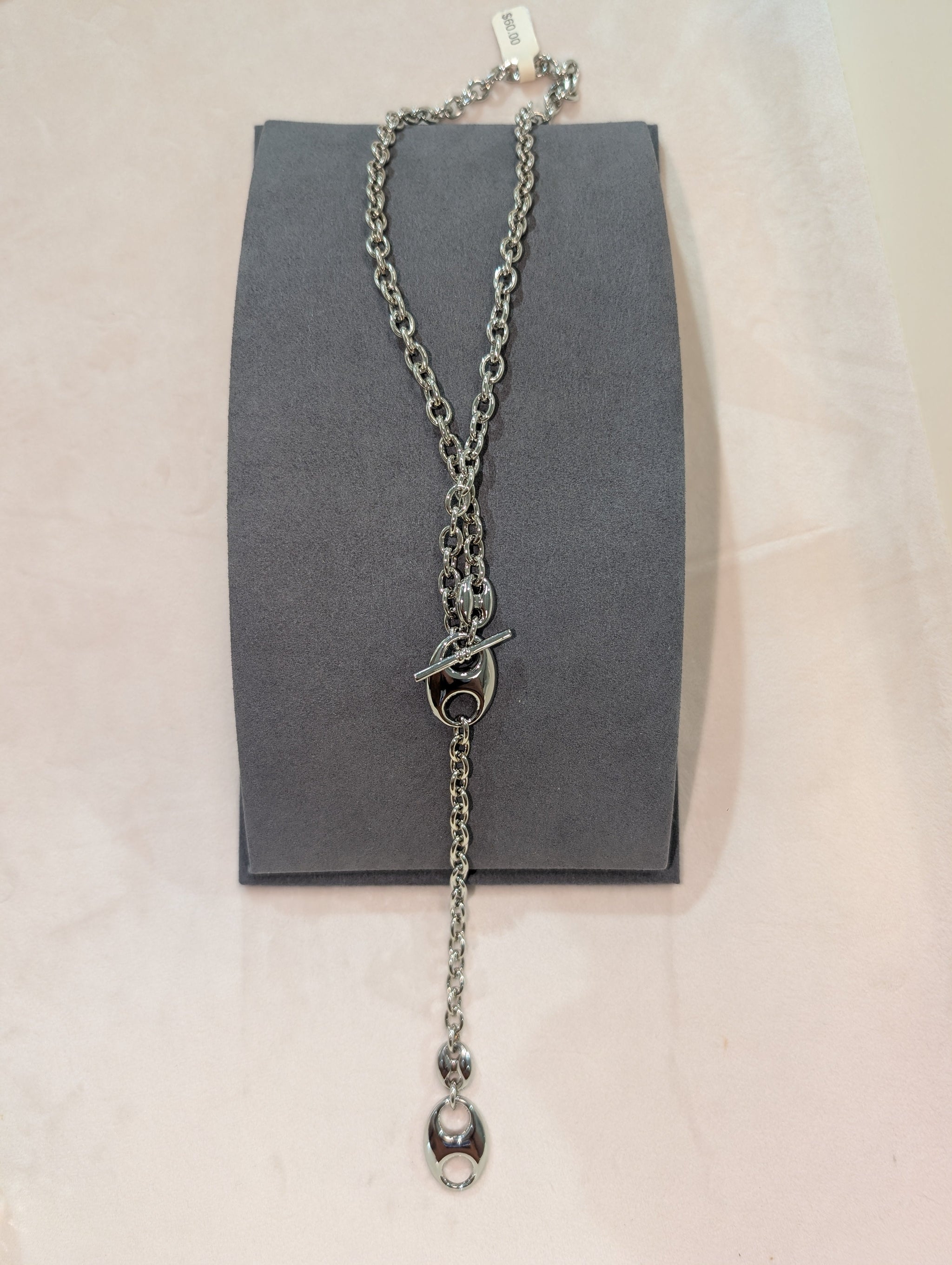 Wafa Chunky Lariat Necklace - chunky silver oval link chain lariat with toggle clasp center and dangling oval link drop