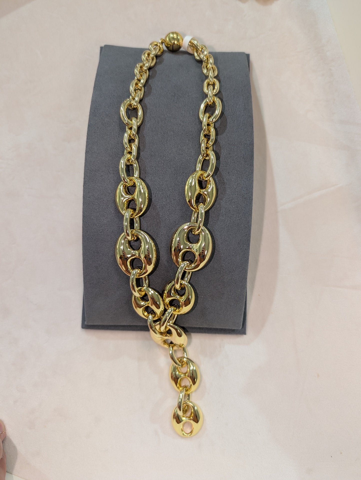 Wafa Gold Mariner Link Lariat Necklace - chunky gold puffed mariner oval link lariat necklace with dangling drop and magnetic ball clasp
