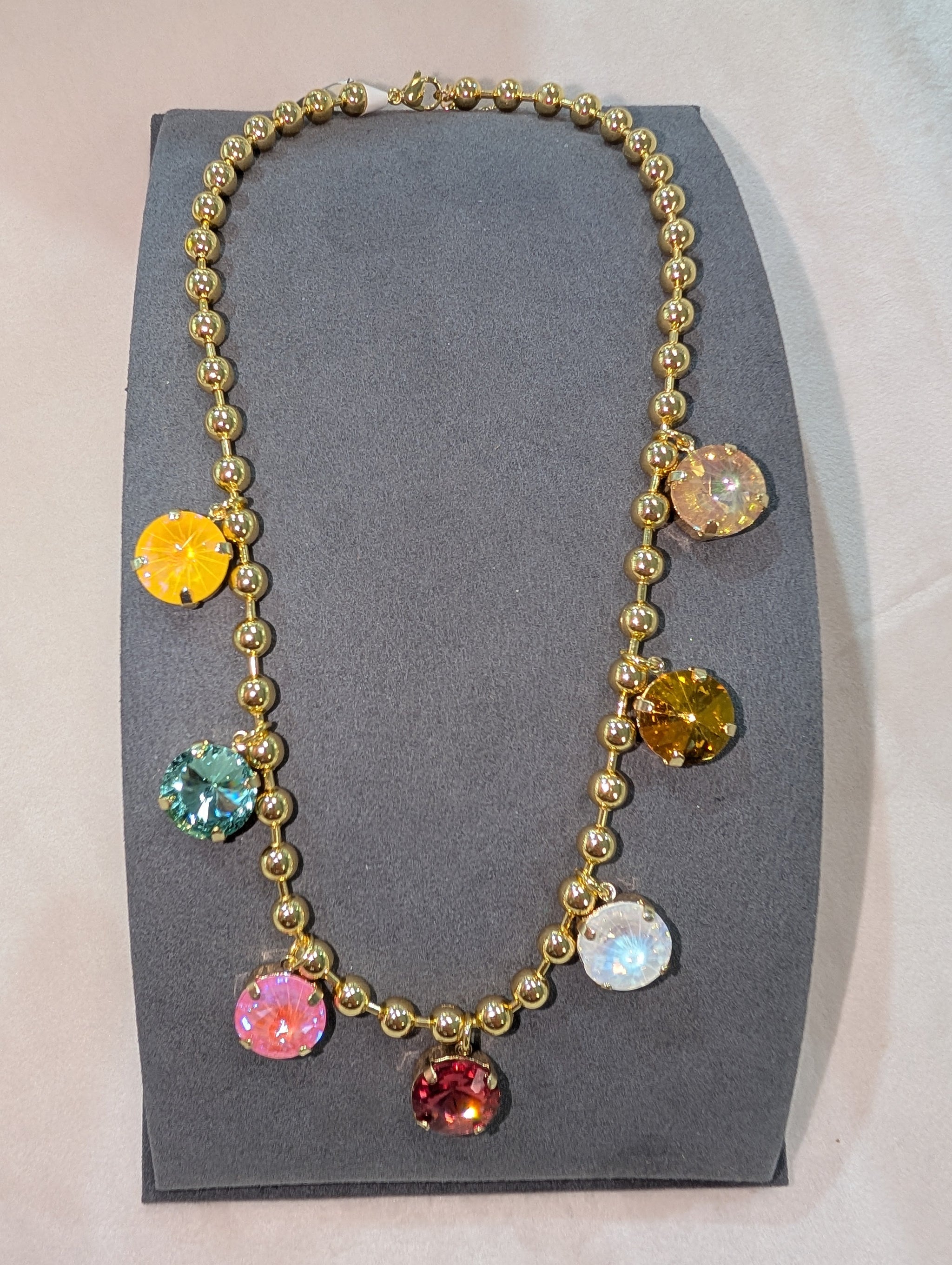 Wafa Charm Bead Necklace - Multi Color Crystal Charm Gold Ball Chain