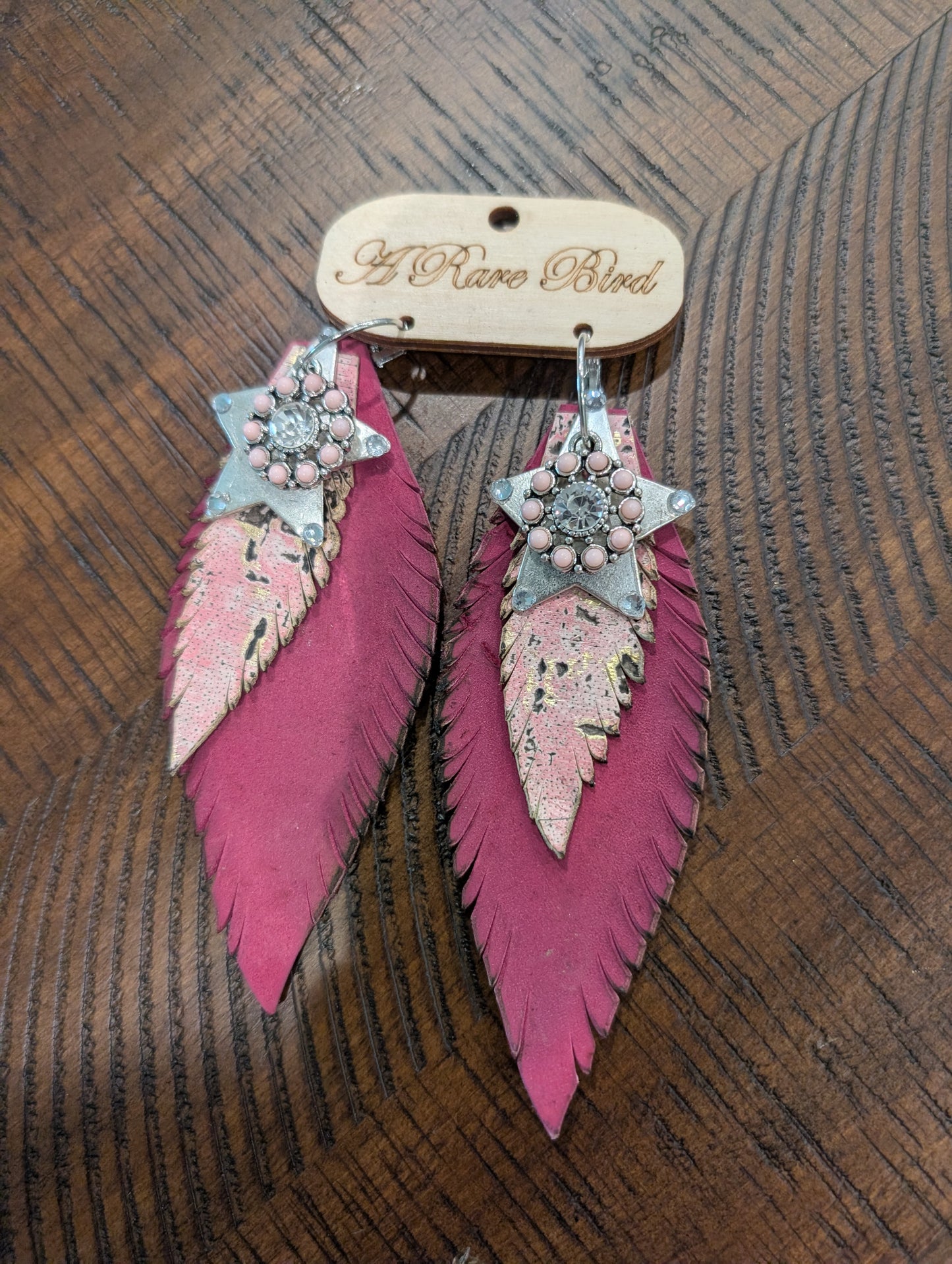 A Rare Bird Leather Feather Earrings - Berry & Rose Gold Cork